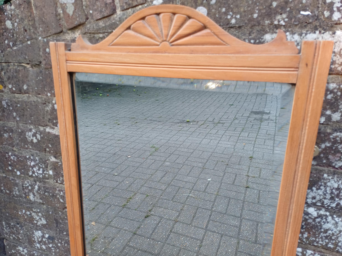 Vintage Satin Wood Stripped Wall Mirror with Carved Sunrise Pediment – Rustic Farmhouse Hallway or Bedroom Decor Quality Bevelled Glass