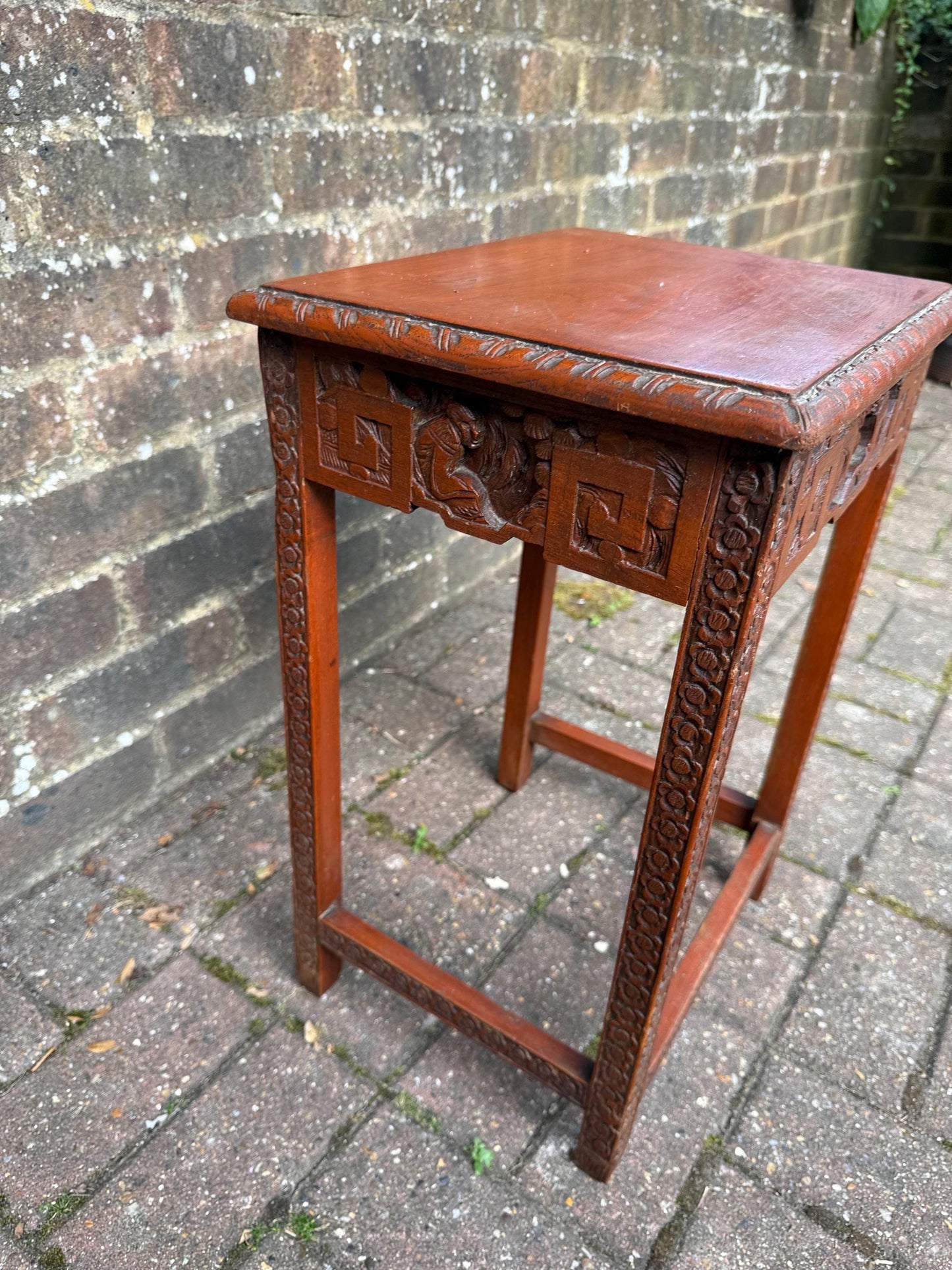 Small Vintage Chinese Carved Hardwood Side Table Plant Stand – Oriental Decorative Furniture with Floral & Geometric Detailing, plant table