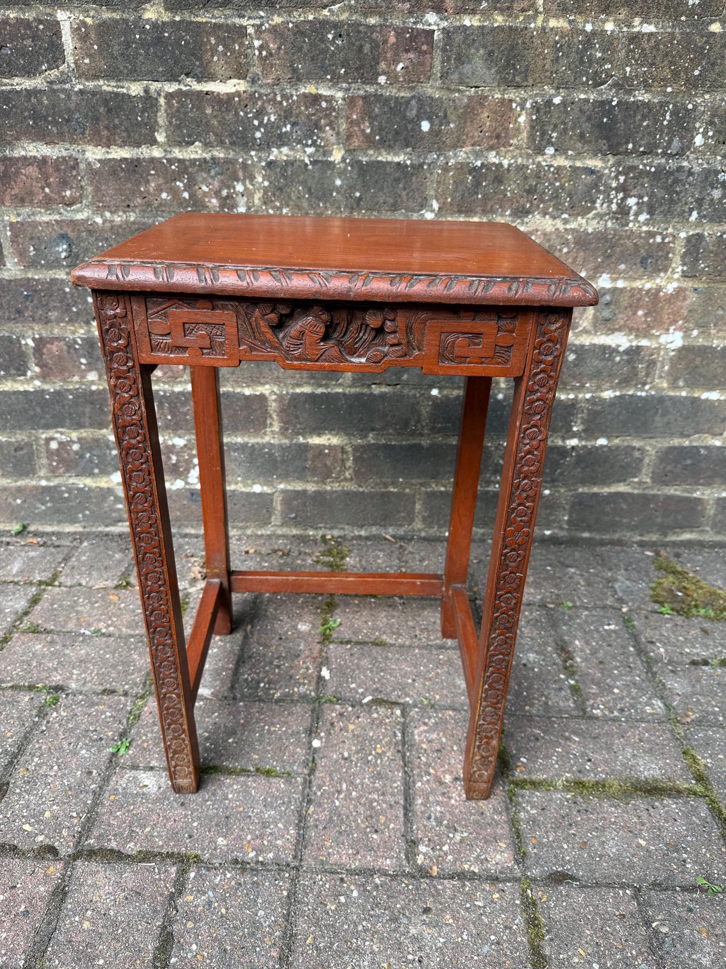 Small Vintage Chinese Carved Hardwood Side Table Plant Stand – Oriental Decorative Furniture with Floral & Geometric Detailing, plant table