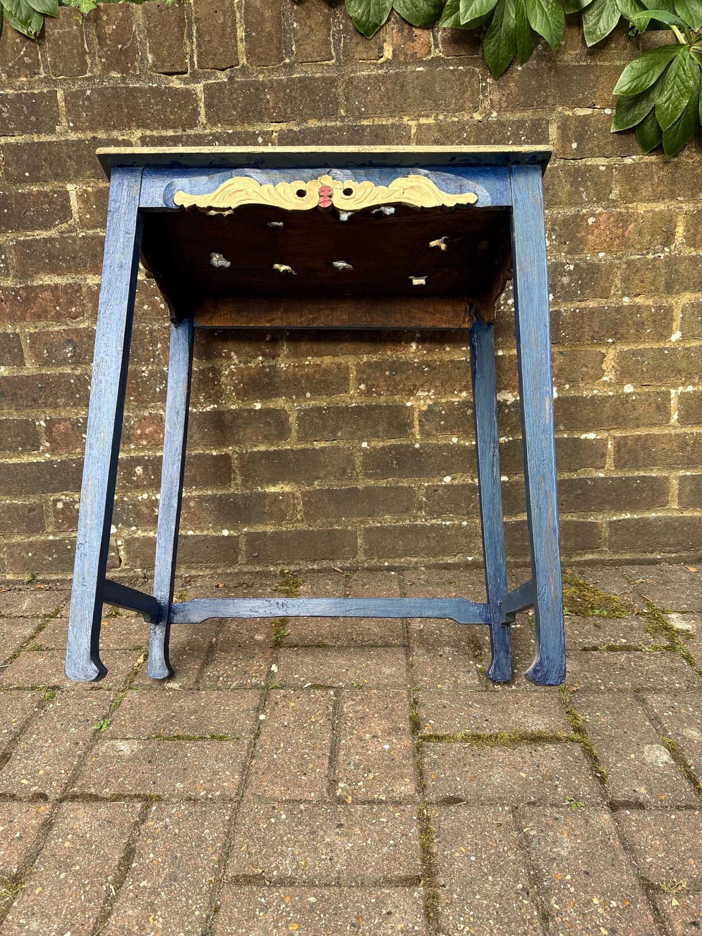 Vintage Hand-Painted Wooden Side Table – Oriental Far Eastern Origins, Carved Top, Rustic, Boho Chic, Shabby Chic, Decorative Accent