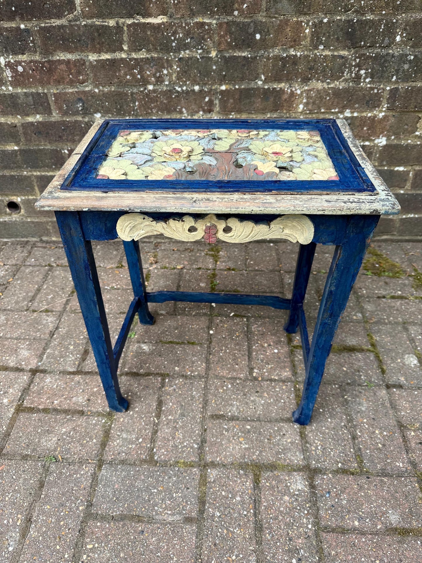 Small Vintage Hand-Painted Wooden Side Table – Oriental Far Eastern Origins, Carved Top, Rustic, Boho Chic, Shabby Chic, Decorative Accent