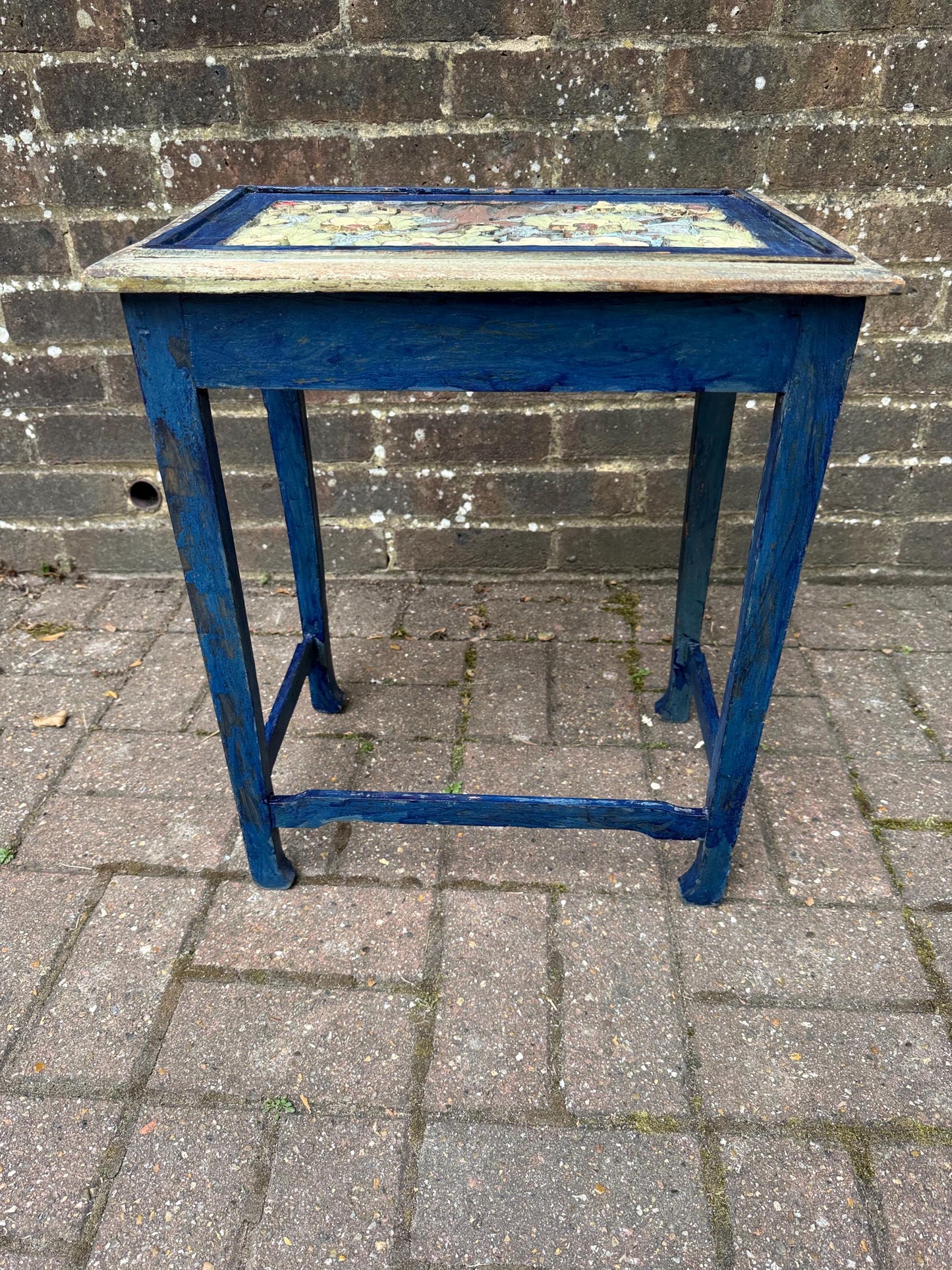 Small Vintage Hand-Painted Wooden Side Table – Oriental Far Eastern Origins, Carved Top, Rustic, Boho Chic, Shabby Chic, Decorative Accent