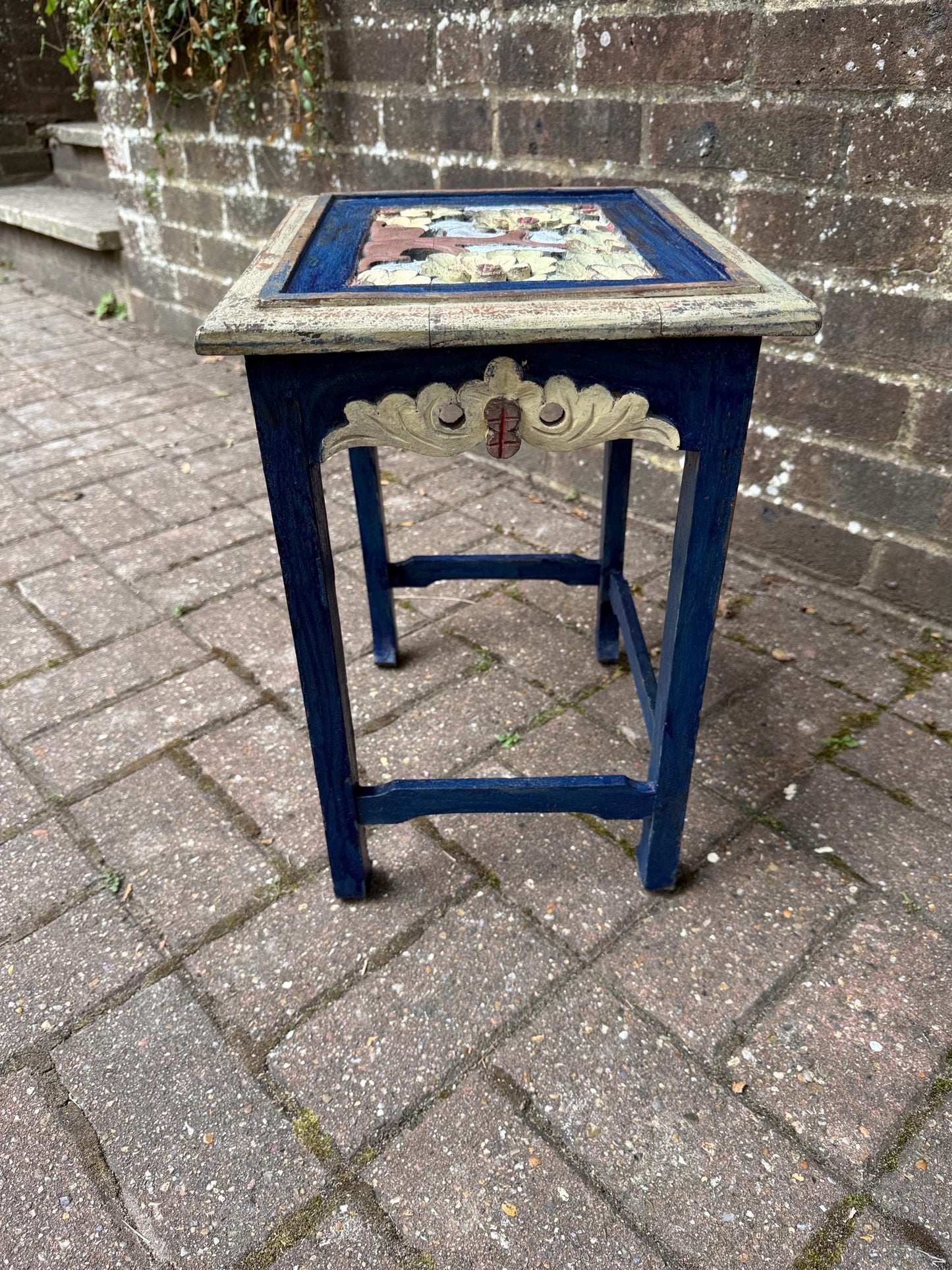 3 Vintage Hand-Painted Wooden Side Table – Oriental Far Eastern Origins, Carved Top, Rustic, Boho Chic, Shabby Chic, Decorative Accent