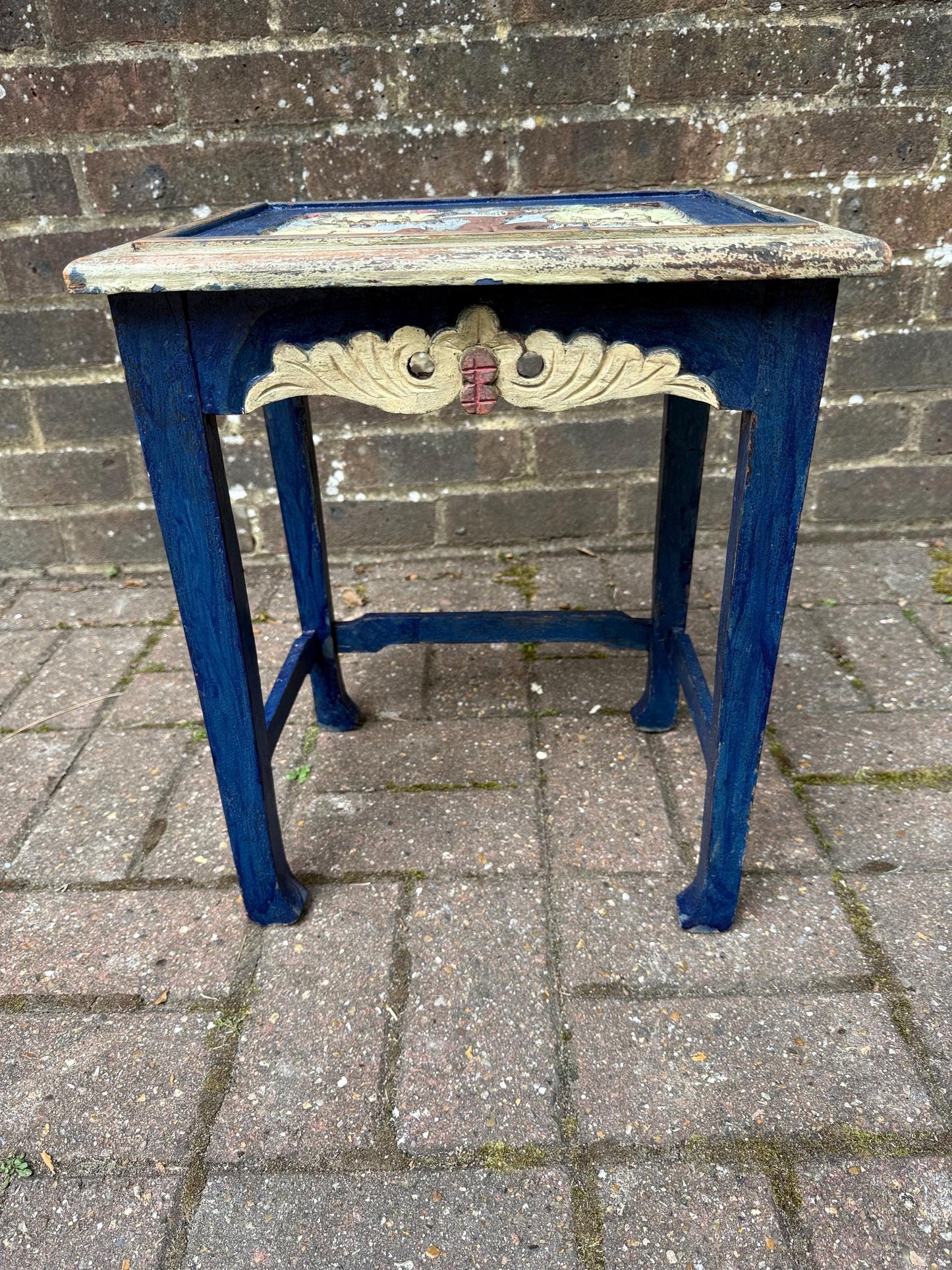 3 Vintage Hand-Painted Wooden Side Table – Oriental Far Eastern Origins, Carved Top, Rustic, Boho Chic, Shabby Chic, Decorative Accent
