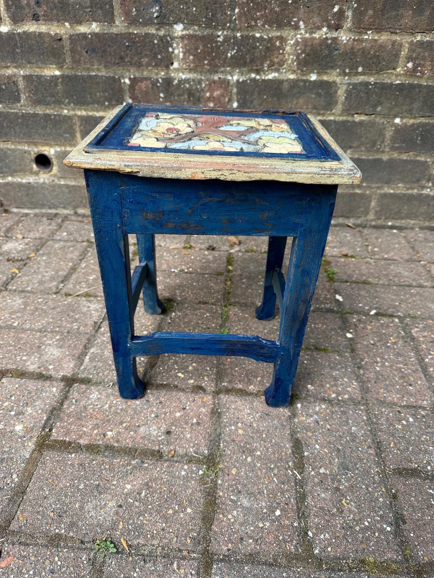 Dinky Vintage Hand-Painted Wooden Side Table – Oriental Far Eastern Origins, Carved Top, Rustic, Boho Chic, Shabby Chic, Decorative Accent