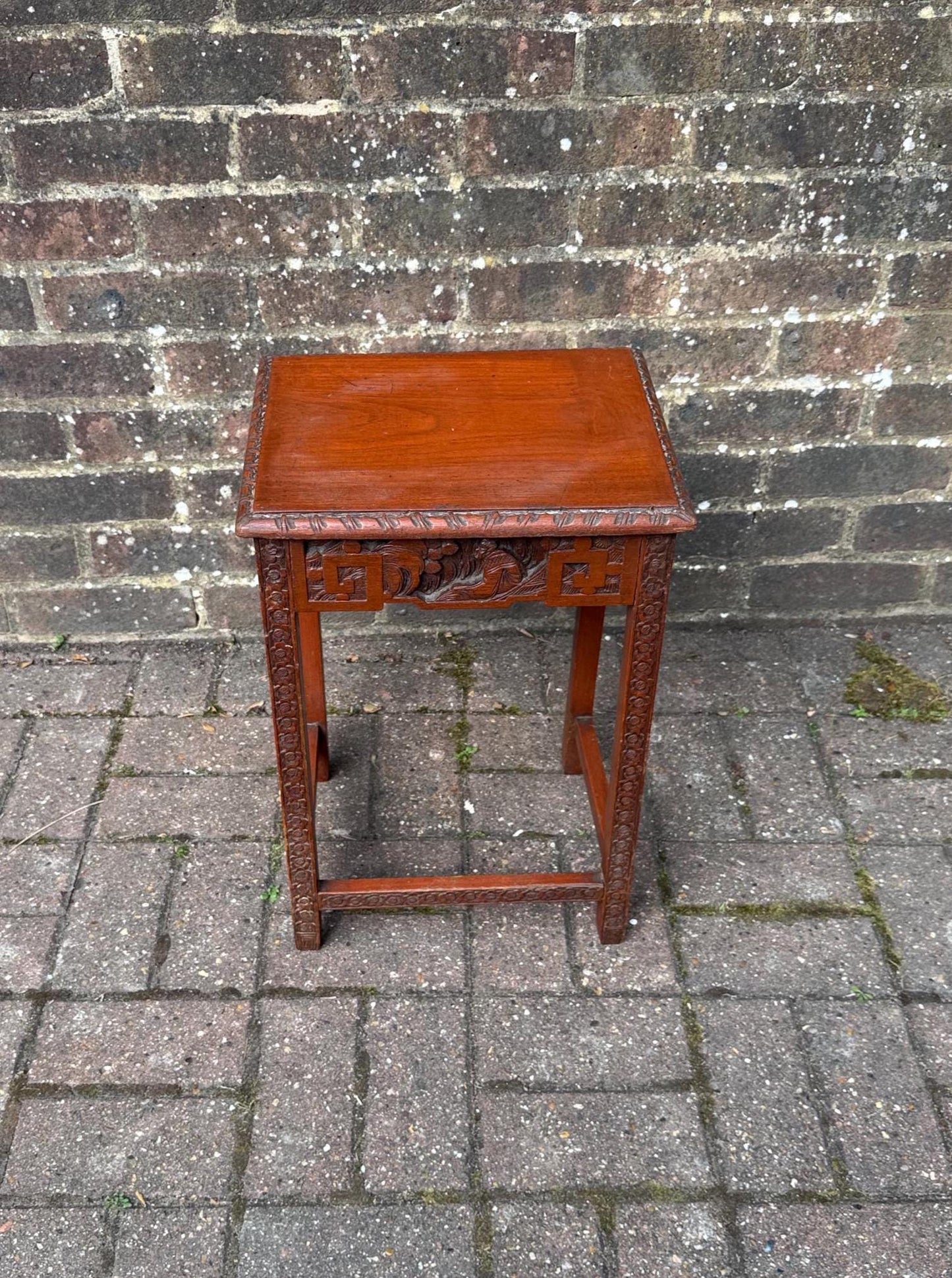 Small Vintage Chinese Carved Hardwood Side Table Plant Stand – Oriental Decorative Furniture with Floral & Geometric Detailing, plant table