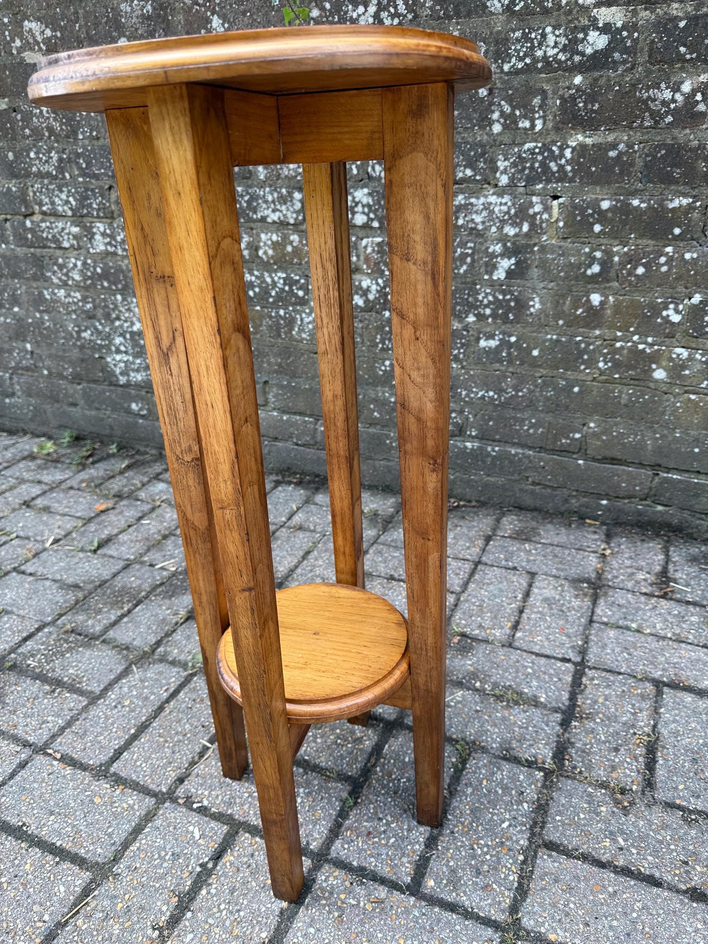 Vintage Wooden Pine Plant Stand – Tall Two Tier Display Table, Slim Mid Century Hallway Stand, Rustic Country Cottage Pedestal