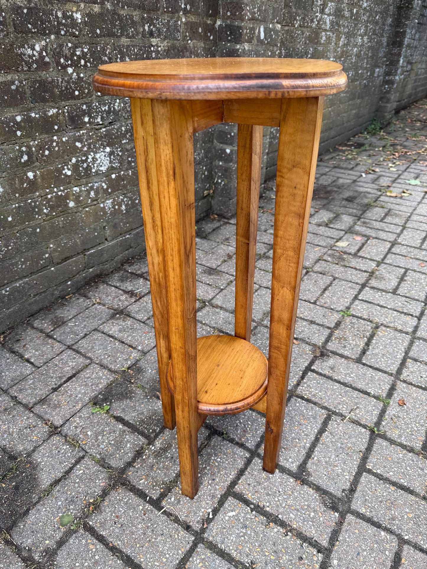 Vintage Wooden Pine Plant Stand – Tall Two Tier Display Table, Slim Mid Century Hallway Stand, Rustic Country Cottage Pedestal