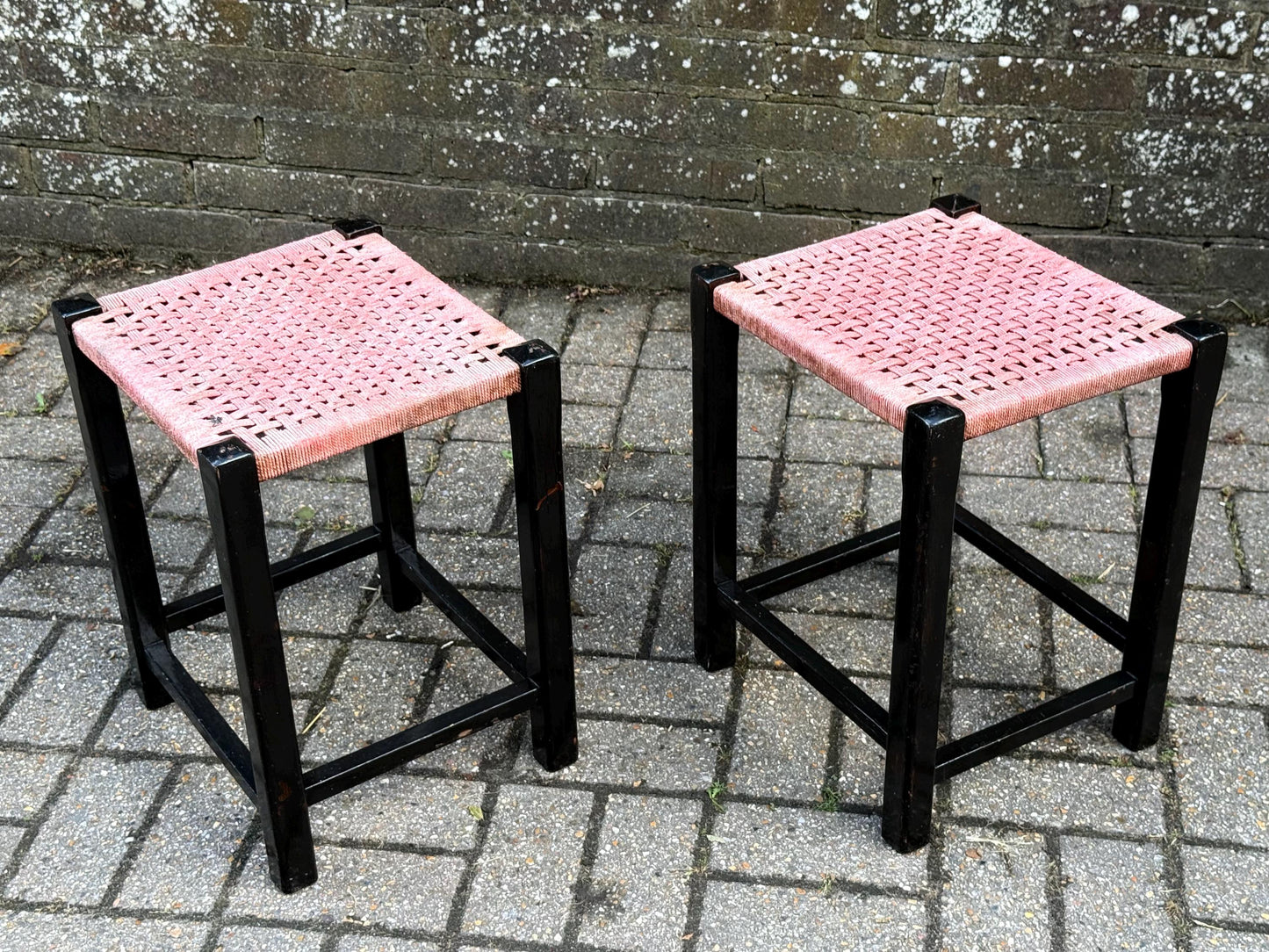 Pair of Vintage Mid Century Woven Stool – Black Wood Frame with Pink Cord Seat – Retro Side Table, Plant Stand, Boho Decor