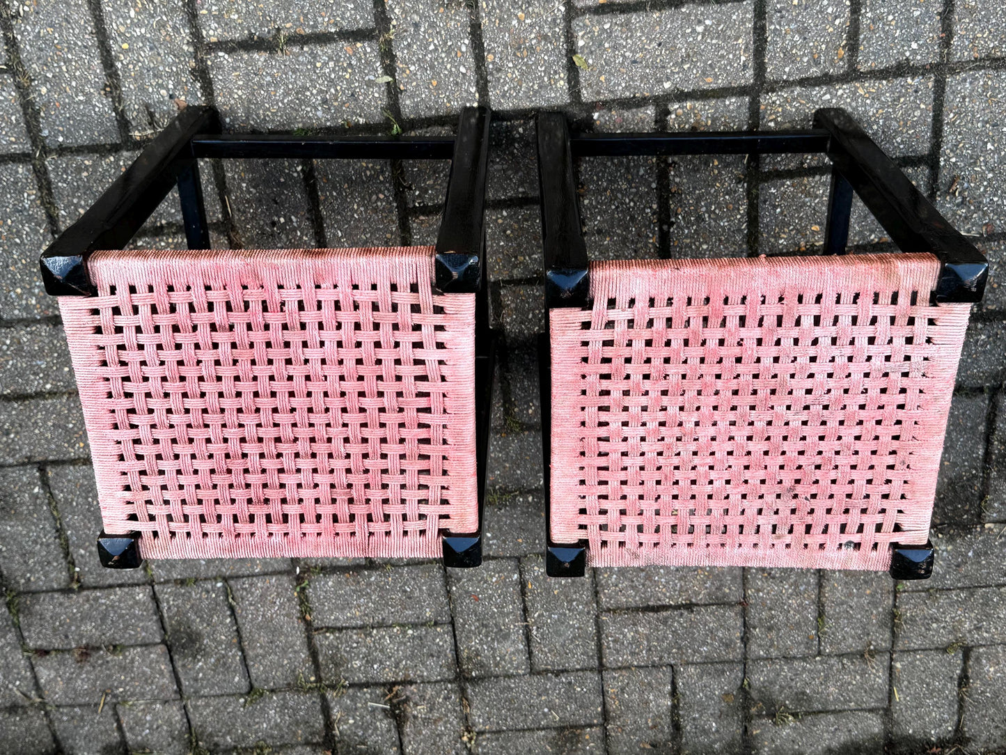 Pair of Vintage Mid Century Woven Stool – Black Wood Frame with Pink Cord Seat – Retro Side Table, Plant Stand, Boho Decor