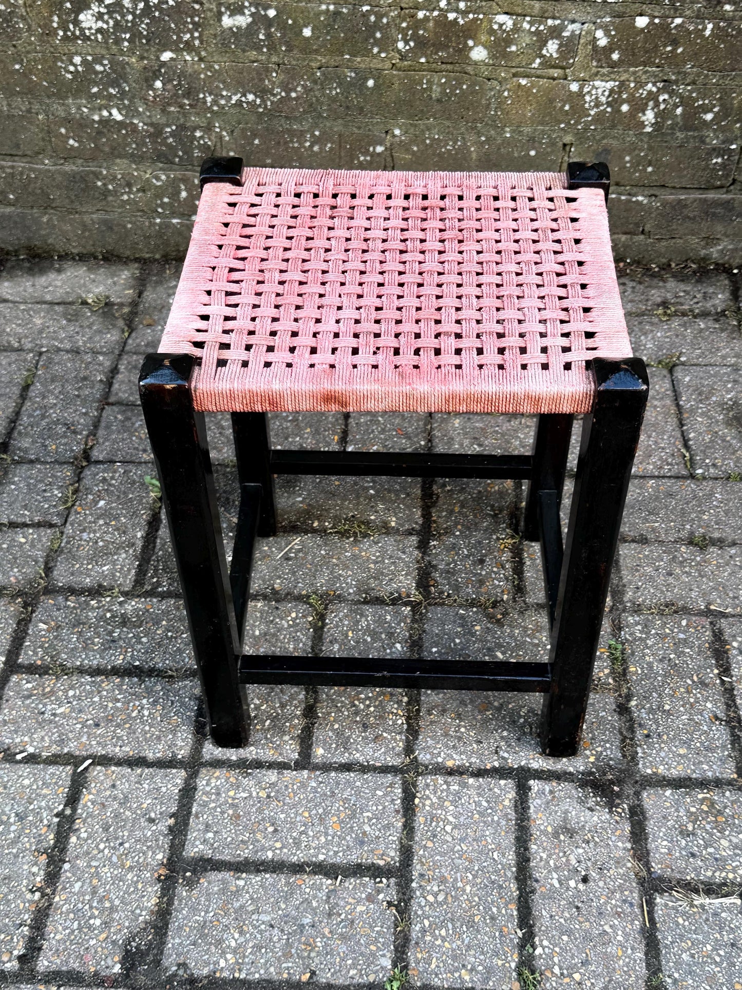 Pair of Vintage Mid Century Woven Stool – Black Wood Frame with Pink Cord Seat – Retro Side Table, Plant Stand, Boho Decor