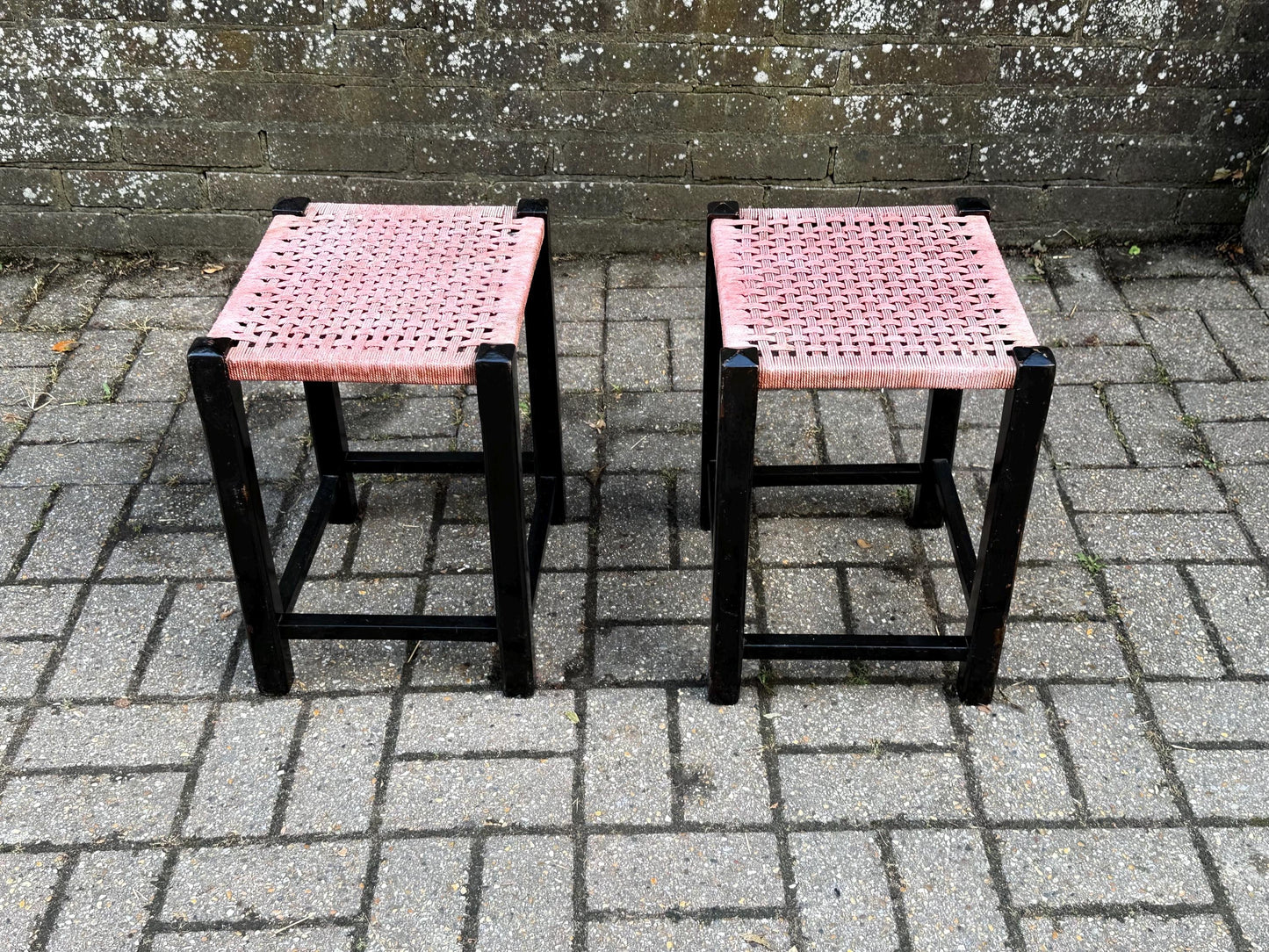 Pair of Vintage Mid Century Woven Stool – Black Wood Frame with Pink Cord Seat – Retro Side Table, Plant Stand, Boho Decor