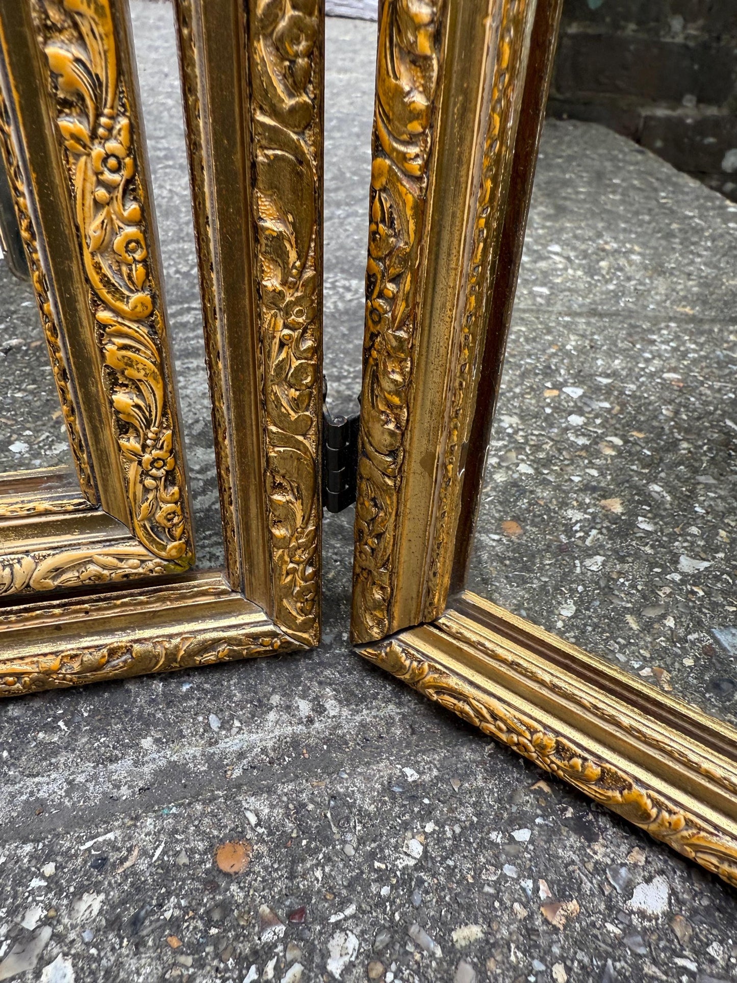 Vintage gilt triple folding mirror, ornate rococo style dressing table vanity mirror, gold framed trifold wall decor, retro mirror
