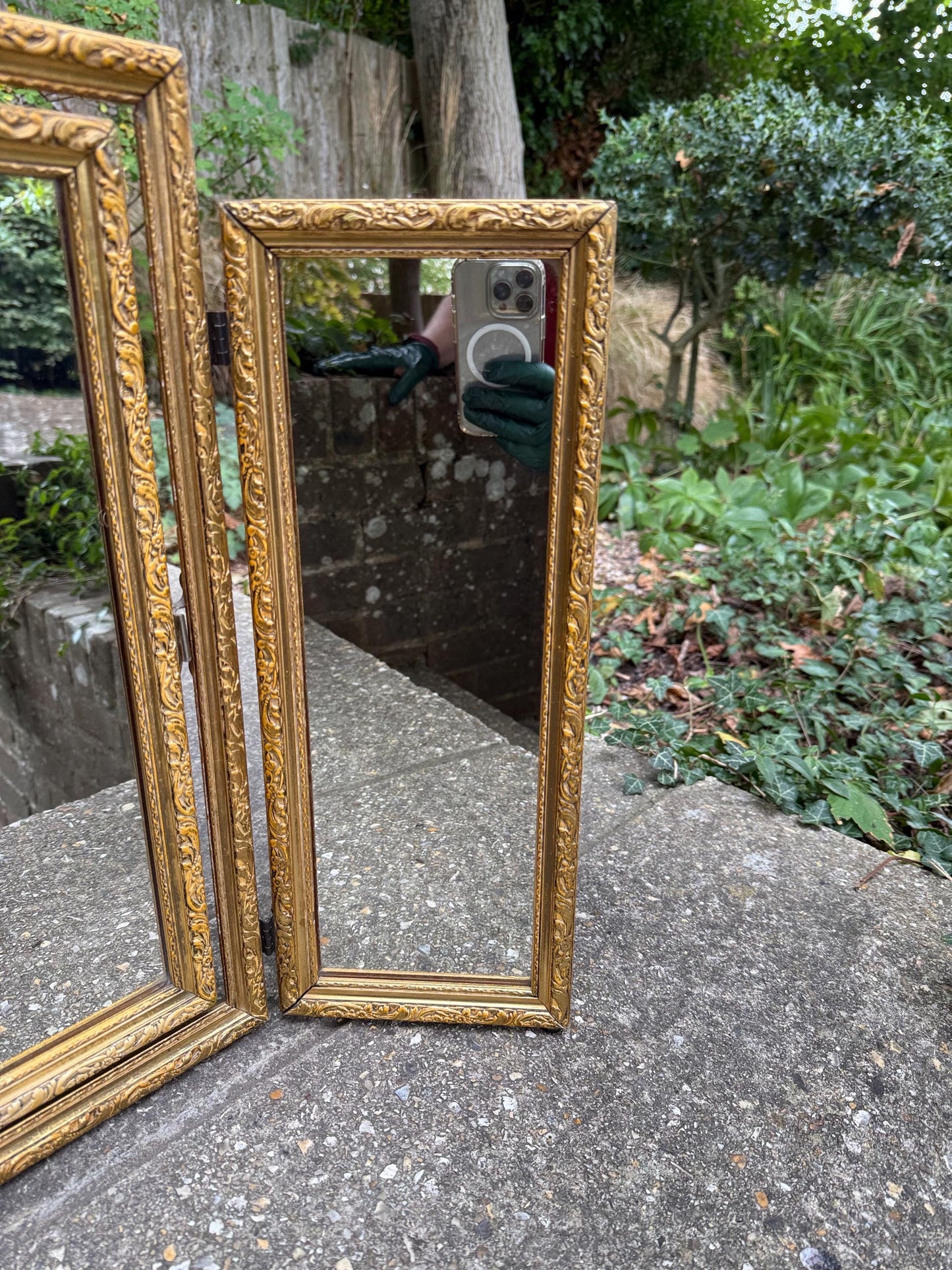 Vintage gilt triple folding mirror, ornate rococo style dressing table vanity mirror, gold framed trifold wall decor, retro mirror