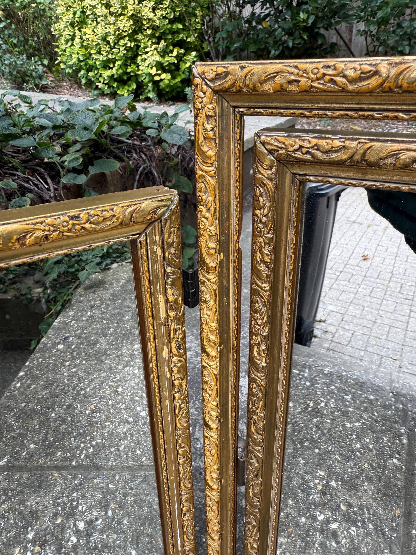 Vintage gilt triple folding mirror, ornate rococo style dressing table vanity mirror, gold framed trifold wall decor, retro mirror