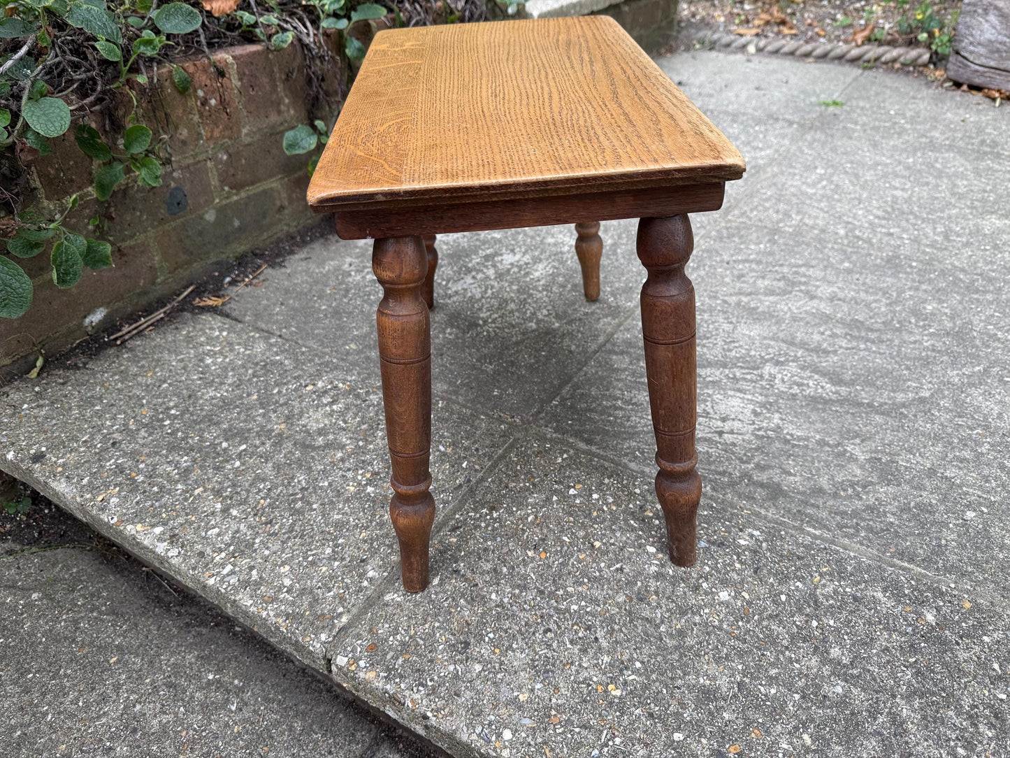 Mid-century vintage solid oak table, traditional style with turned legs, sanded top, farmhouse cottage occasional side table, small table