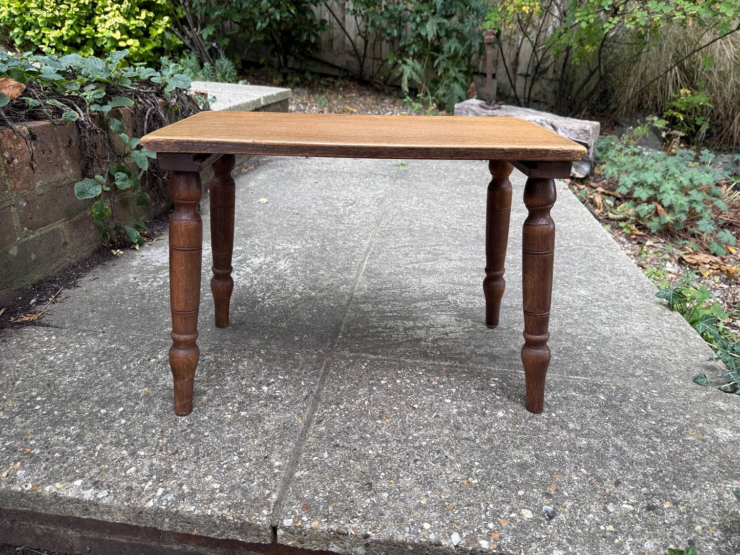 Mid-century vintage solid oak table, traditional style with turned legs, sanded top, farmhouse cottage occasional side table, small table