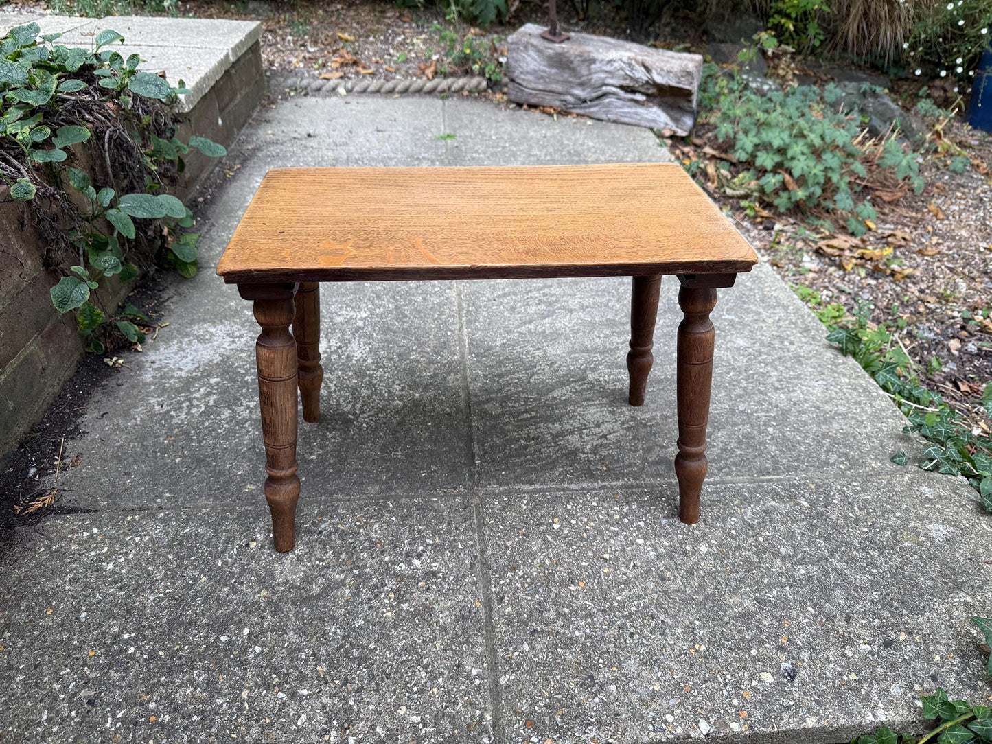 Mid-century vintage solid oak table, traditional style with turned legs, sanded top, farmhouse cottage occasional side table, small table