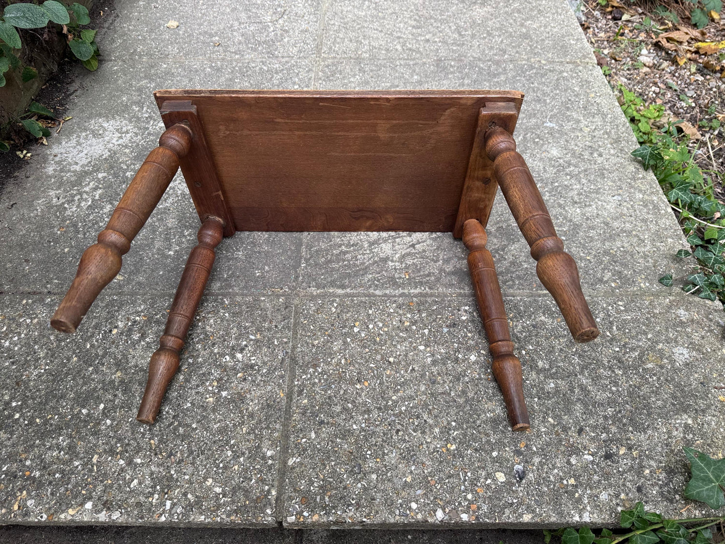 Mid-century vintage solid oak table, traditional style with turned legs, sanded top, farmhouse cottage occasional side table, small table