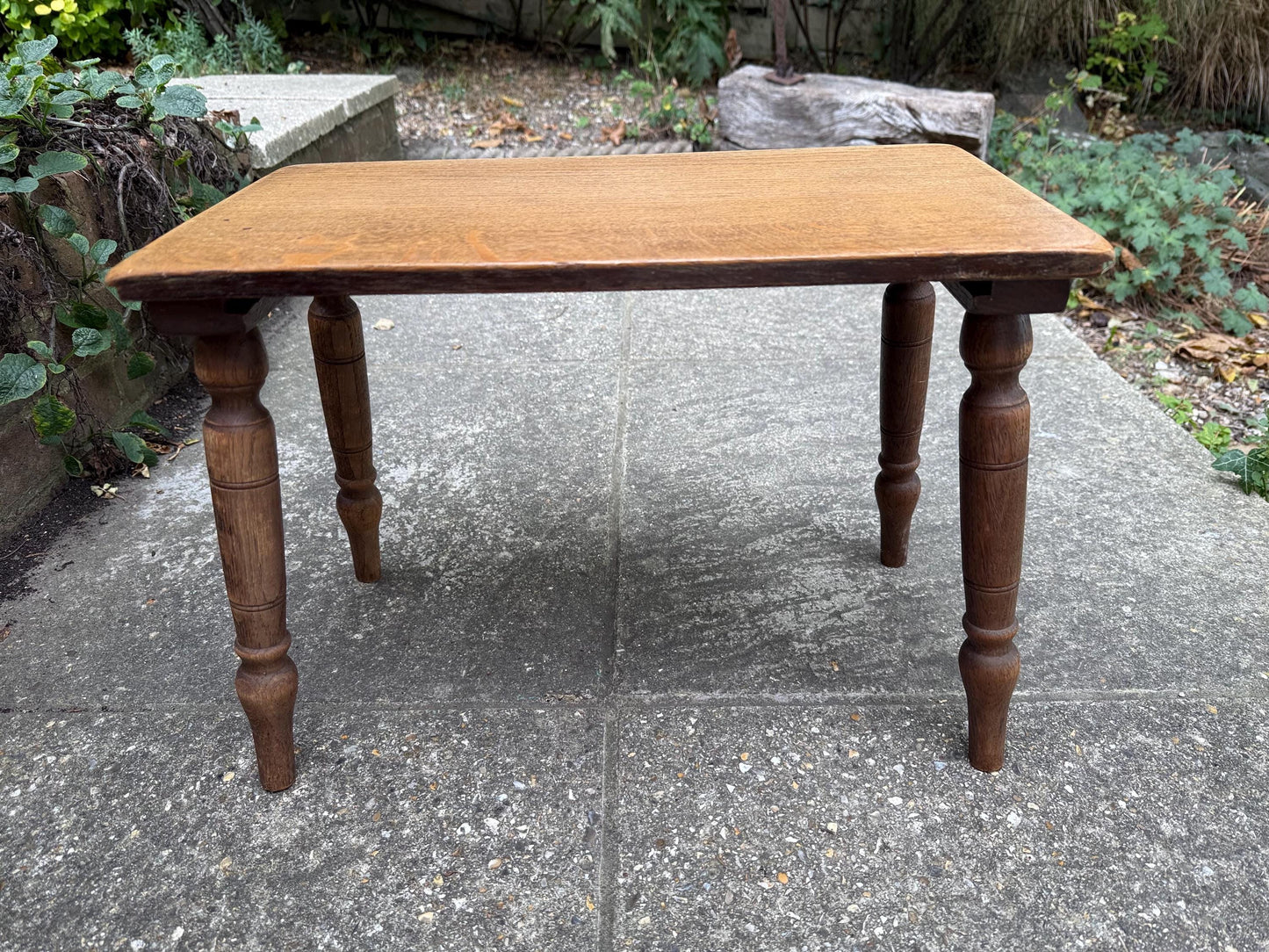 Mid-century vintage solid oak table, traditional style with turned legs, sanded top, farmhouse cottage occasional side table, small table