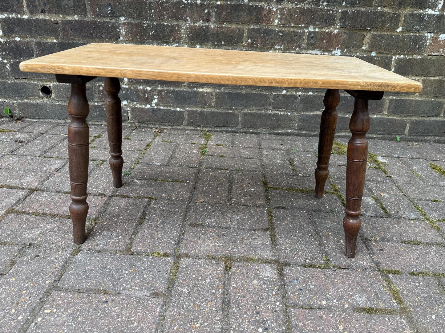 Mid-century vintage solid oak table, traditional style with turned legs, sanded top, farmhouse cottage occasional side table, small table