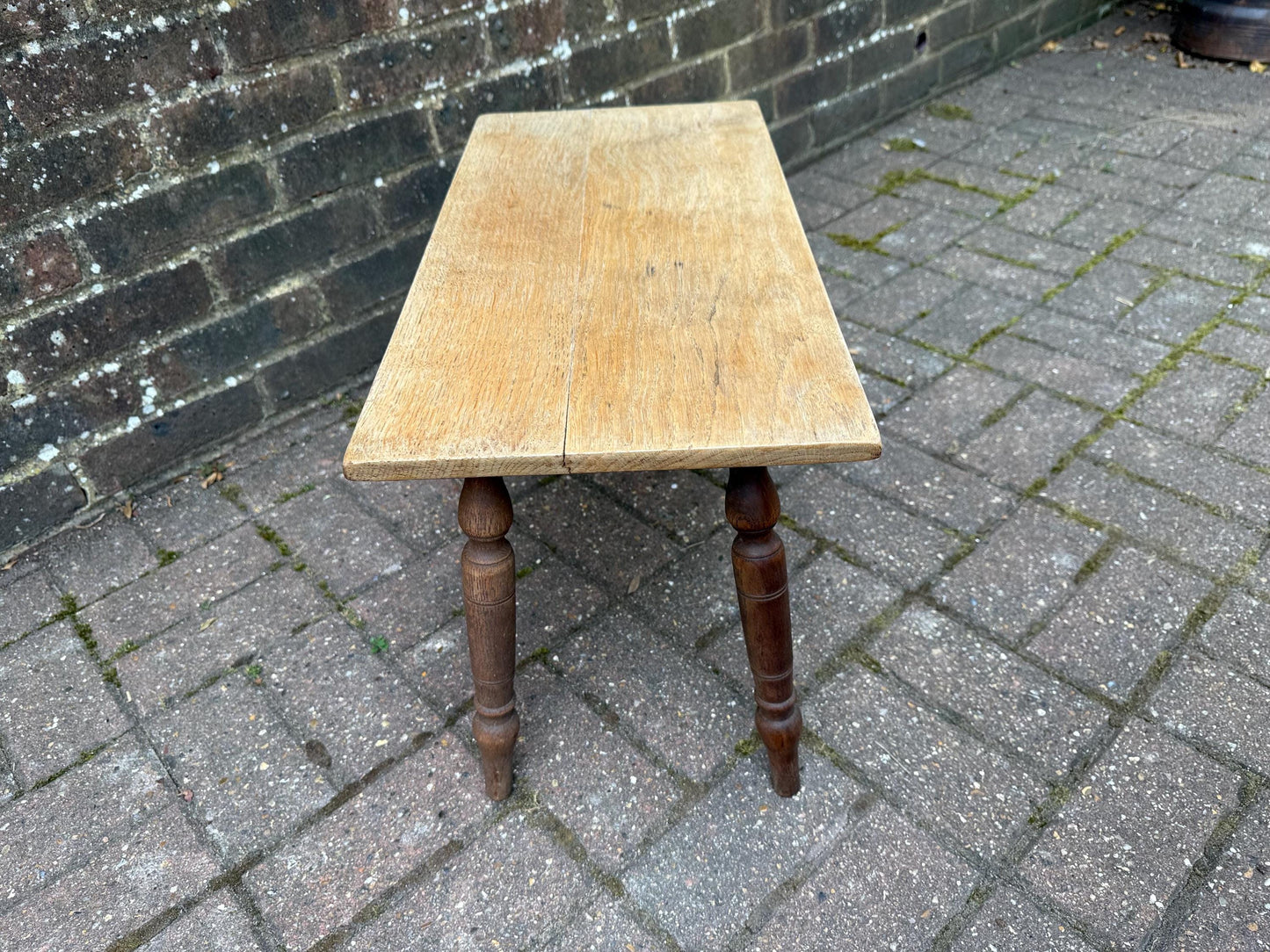 Mid-century vintage solid oak table, traditional style with turned legs, sanded top, farmhouse cottage occasional side table, small table