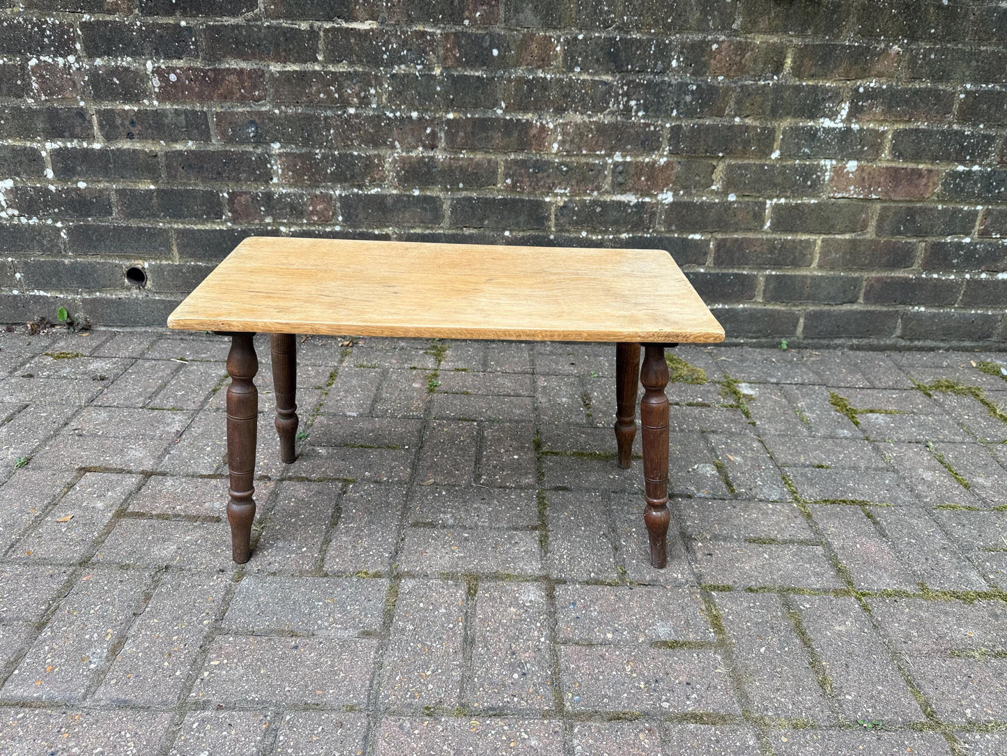 Mid-century vintage solid oak table, traditional style with turned legs, sanded top, farmhouse cottage occasional side table, small table