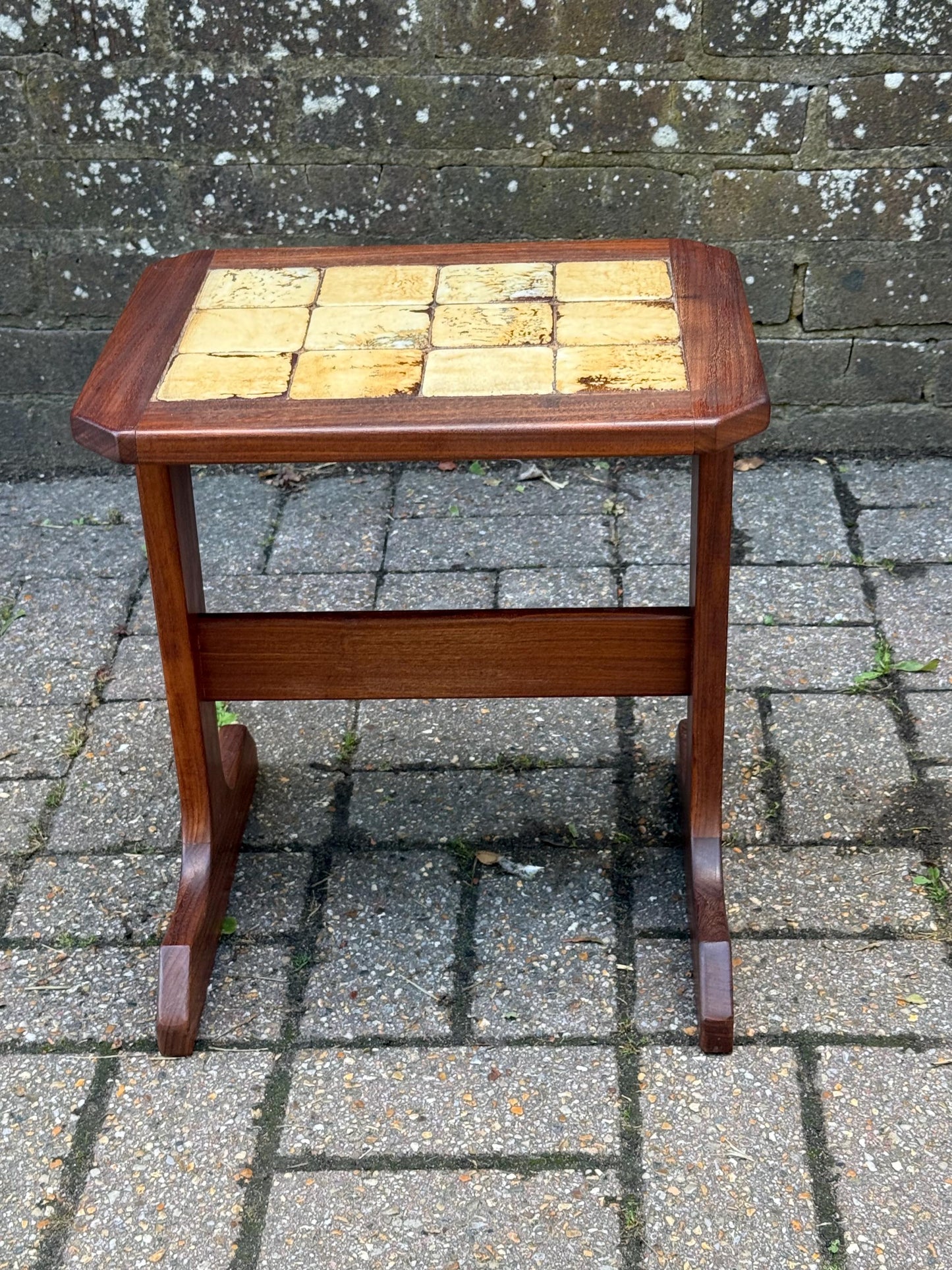 Small Vintage 1970s Danish Style Mid Century Tile Top Side Table – Teak Wood Accent Table with Retro Cream Glazed Ceramic Mosaic, Occasional