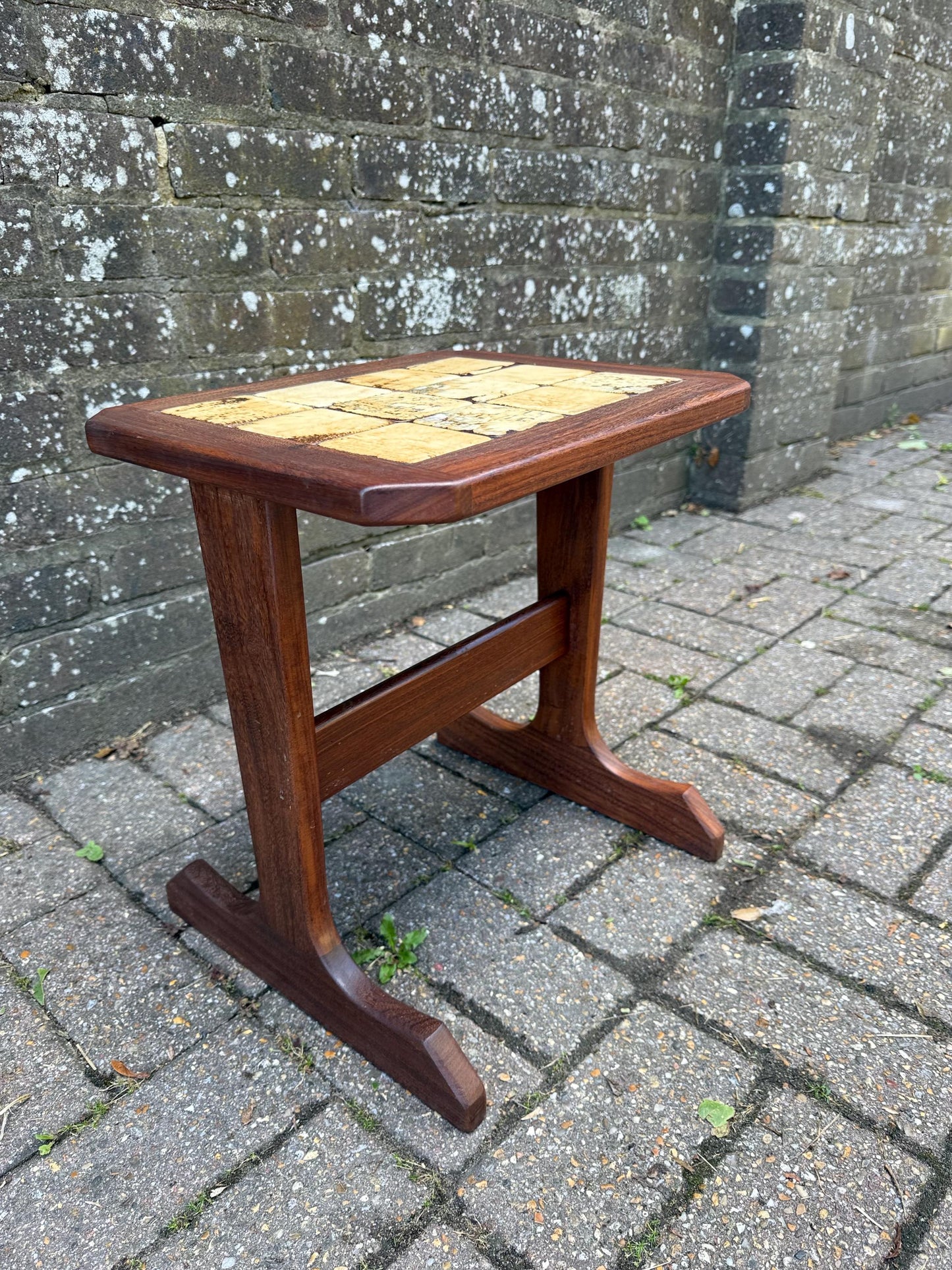 Small Vintage 1970s Danish Style Mid Century Tile Top Side Table – Teak Wood Accent Table with Retro Cream Glazed Ceramic Mosaic, Occasional