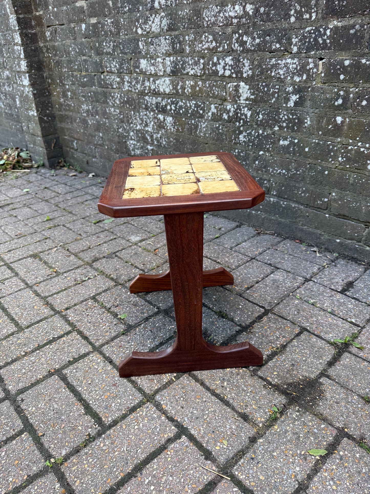 Small Vintage 1970s Danish Style Mid Century Tile Top Side Table – Teak Wood Accent Table with Retro Cream Glazed Ceramic Mosaic, Occasional
