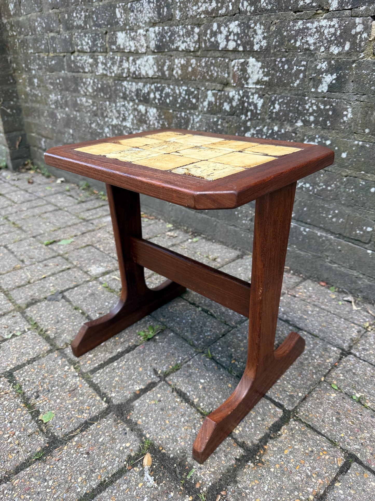 Small Vintage 1970s Danish Style Mid Century Tile Top Side Table – Teak Wood Accent Table with Retro Cream Glazed Ceramic Mosaic, Occasional
