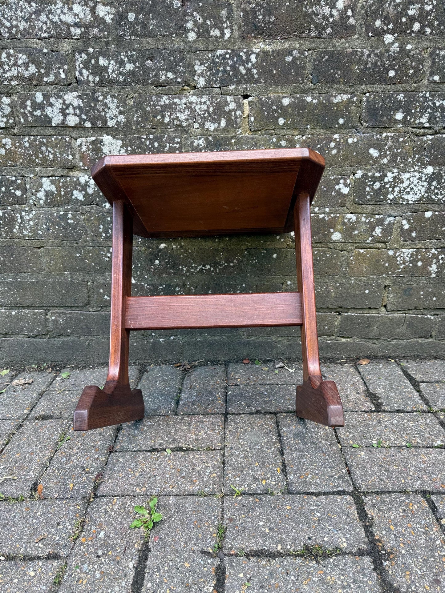 Small Vintage 1970s Danish Style Mid Century Tile Top Side Table – Teak Wood Accent Table with Retro Cream Glazed Ceramic Mosaic, Occasional
