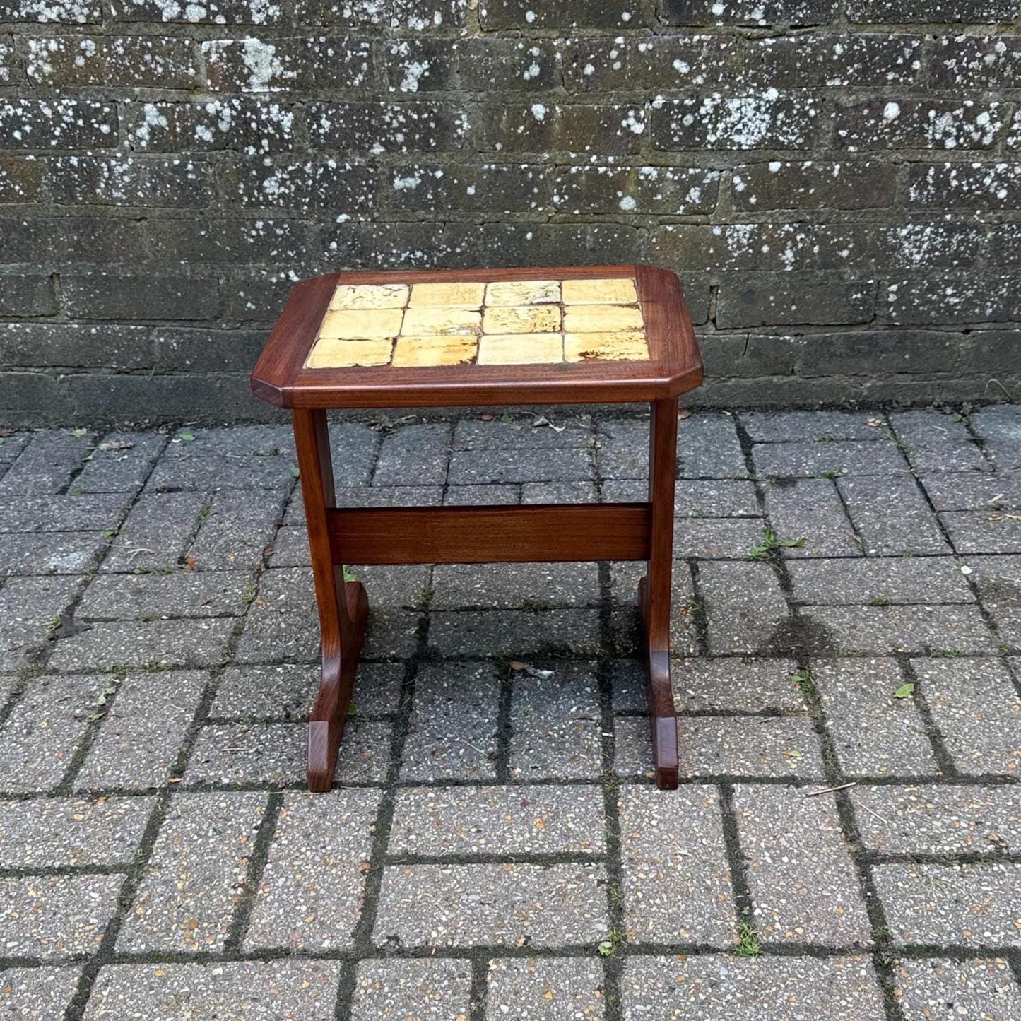 teak retro styyle table with cream glazed tiles on top. lovely sleek lines in the design. vgc