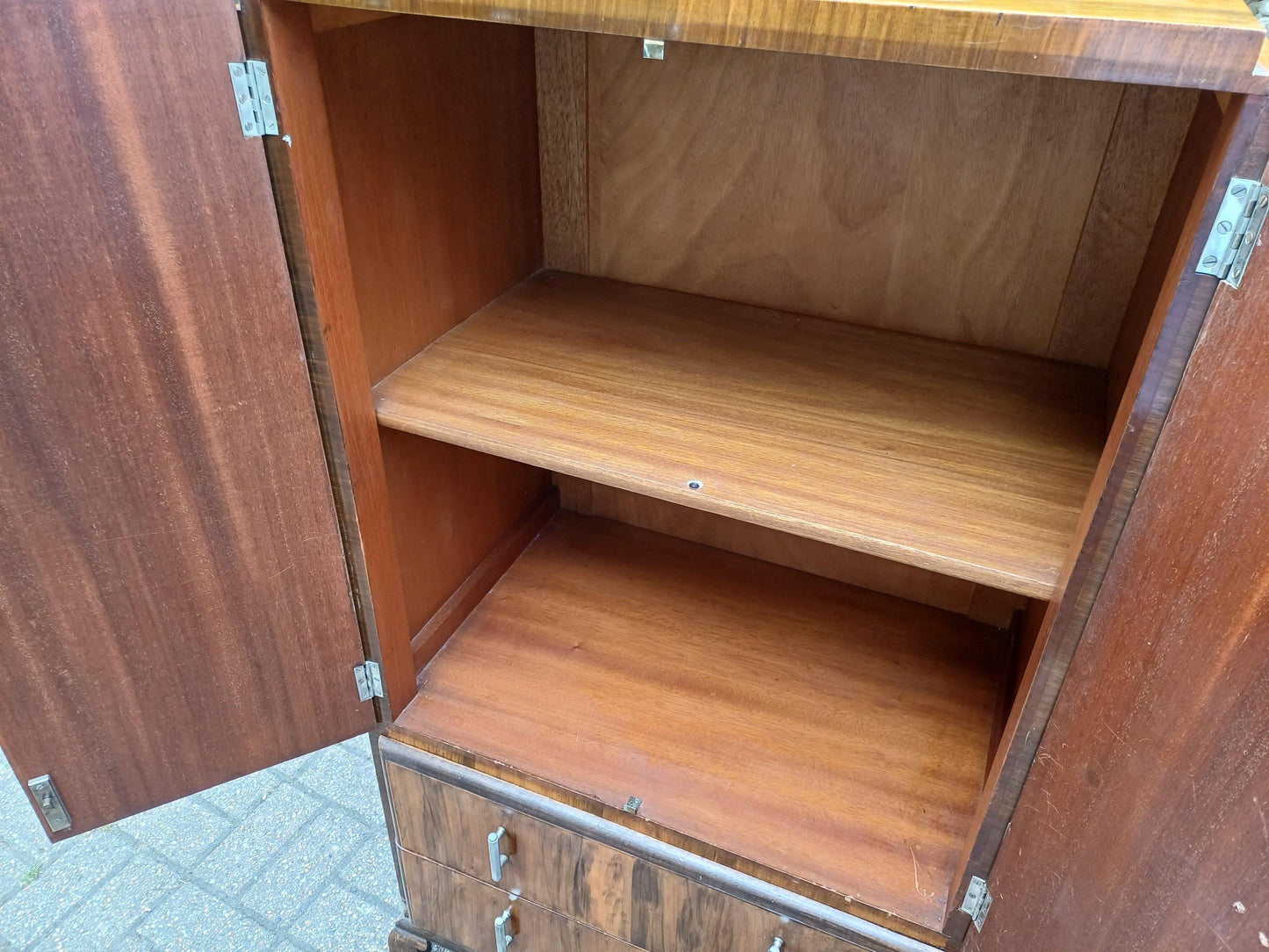 Art Deco 1930s Walnut Veneer Tallboy Retro Vintage Bedroom Cabinet Chest of Drawers Clothes Cupboard Chrome Handles FREE HAND Delivery
