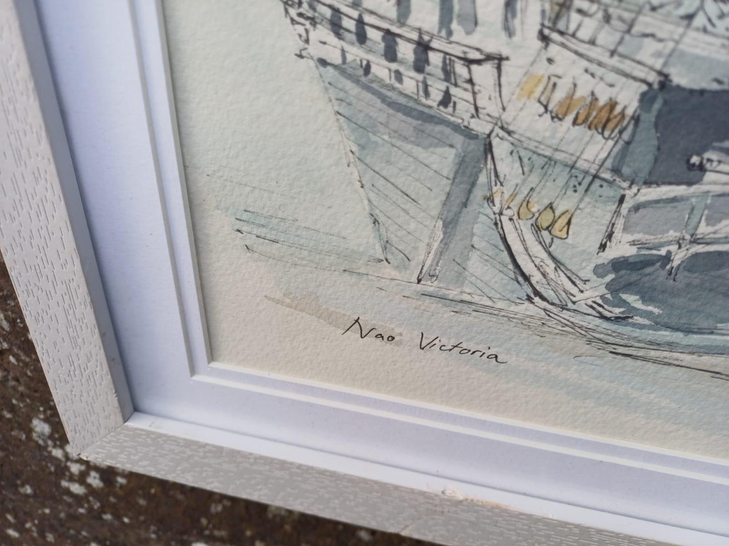 Original Nautical Ship Watercolour, “Nao Victoria” Chatham, Signed Maritime Painting by Z Richards, Historic Sailing Vessel in White Frame