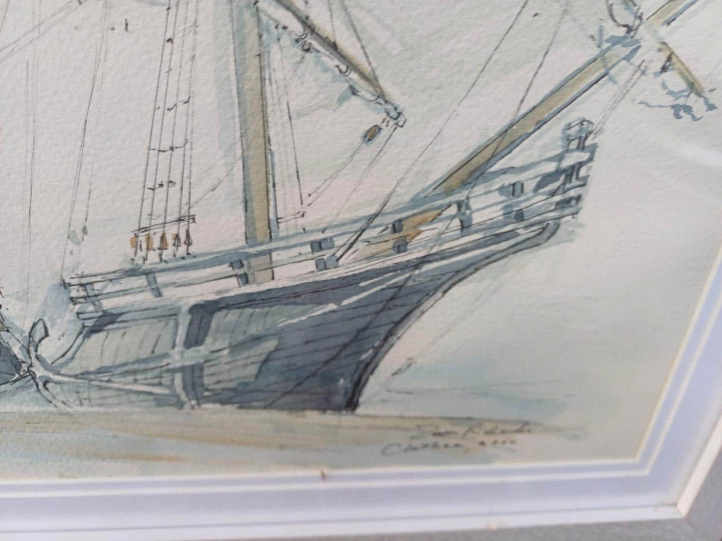 Original Nautical Ship Watercolour, “Nao Victoria” Chatham, Signed Maritime Painting by Z Richards, Historic Sailing Vessel in White Frame