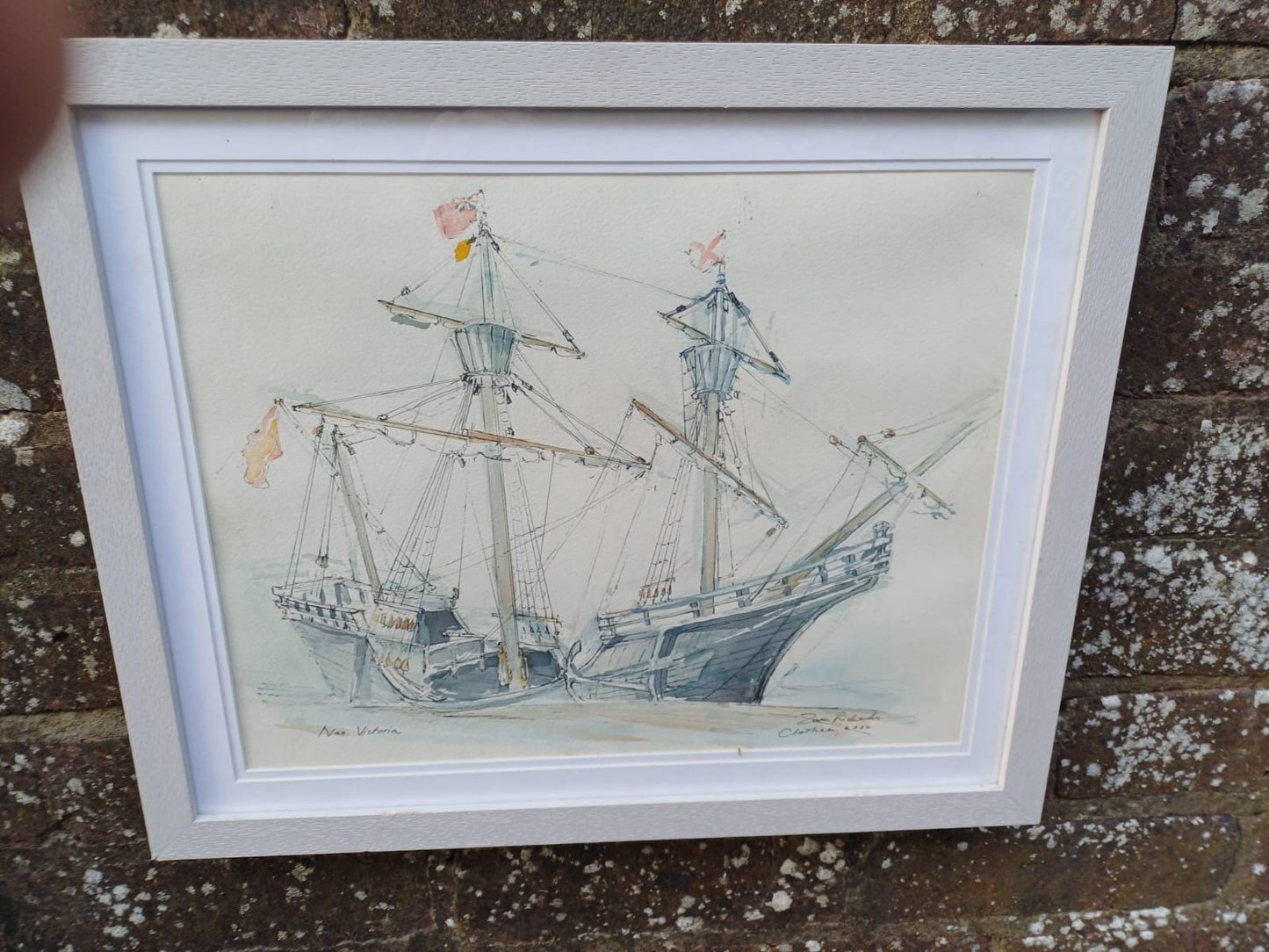 Original Nautical Ship Watercolour, “Nao Victoria” Chatham, Signed Maritime Painting by Z Richards, Historic Sailing Vessel in White Frame