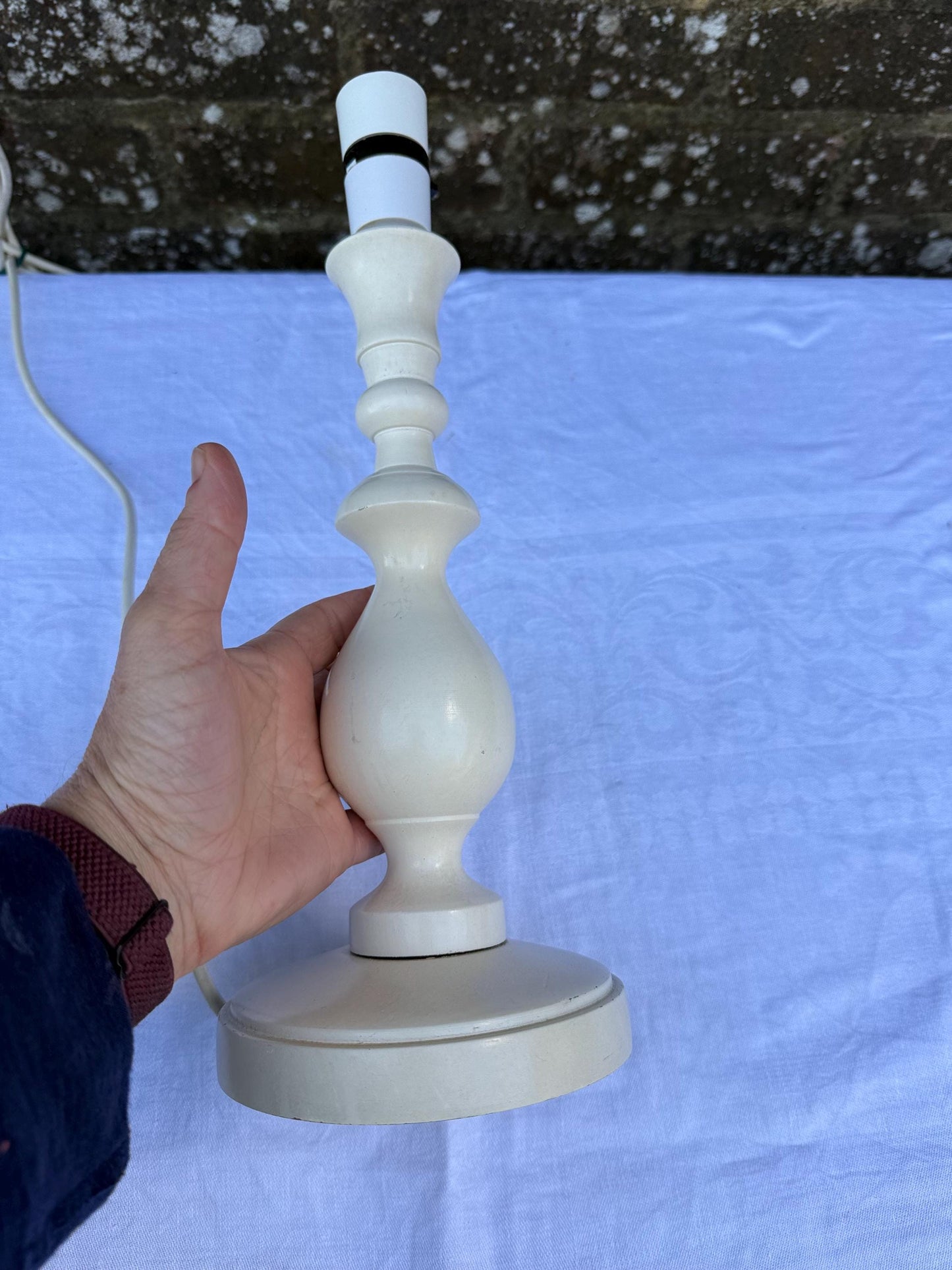 Vintage Cream Wooden Table Lamp & Pleated Fabric Shade – Shabby Chic Cottagecore Farmhouse Lighting, Rustic Bedside or Table Lamp, working
