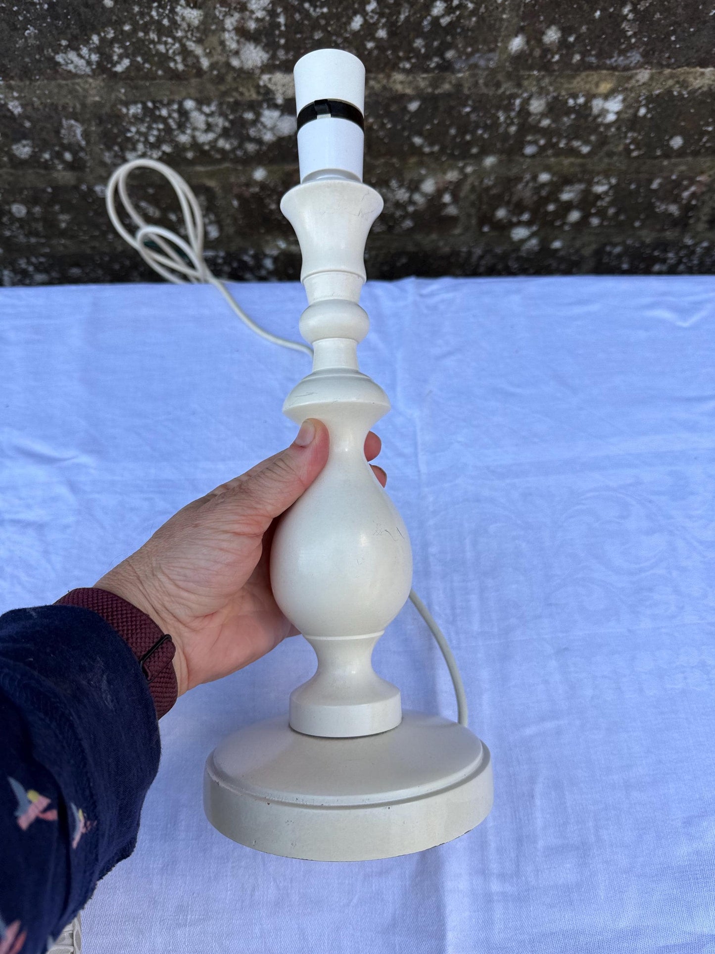 Vintage Cream Wooden Table Lamp & Pleated Fabric Shade – Shabby Chic Cottagecore Farmhouse Lighting, Rustic Bedside or Table Lamp, working