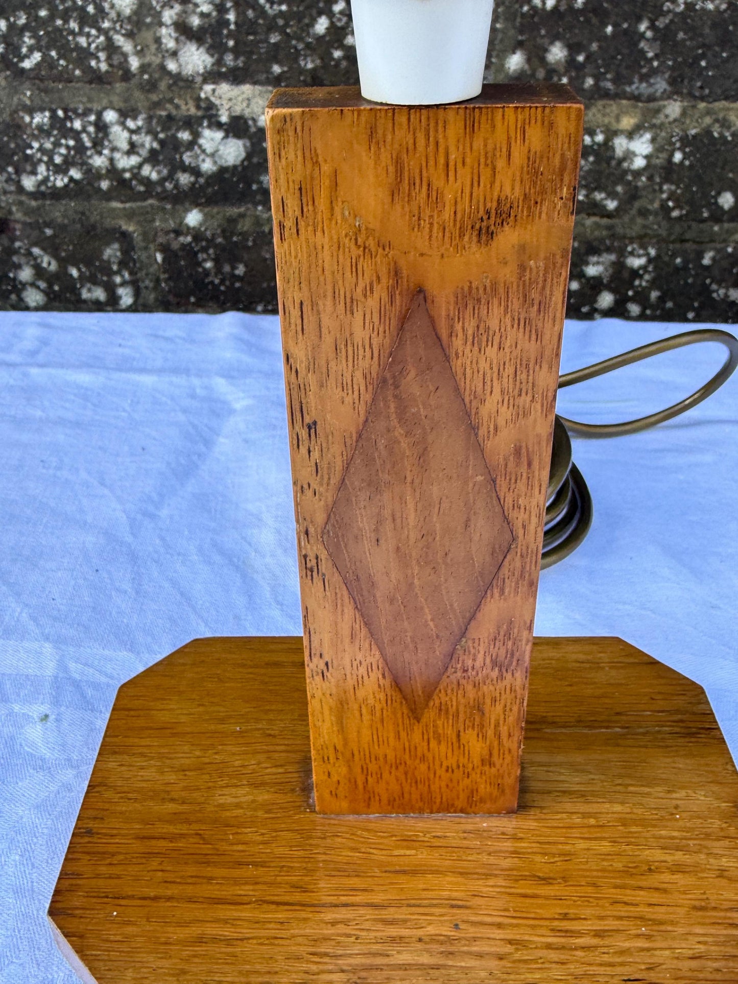 Unique Vintage Mid-Century Modern Wooden Table Lamp with Geometric Inlay and Retro Oak Base – Minimalist Midcentury Lighting, working