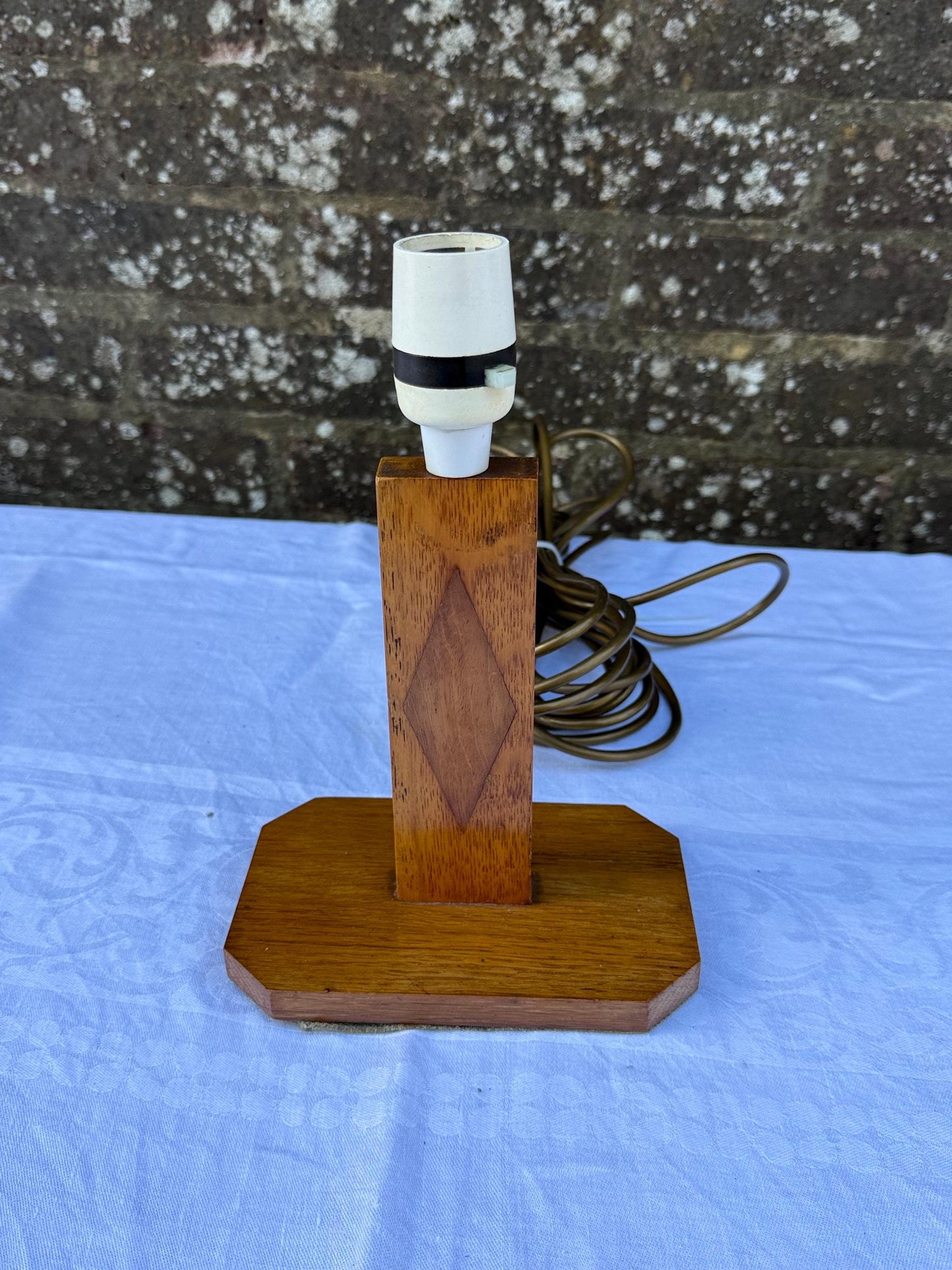 Unique Vintage Mid-Century Modern Wooden Table Lamp with Geometric Inlay and Retro Oak Base – Minimalist Midcentury Lighting, working
