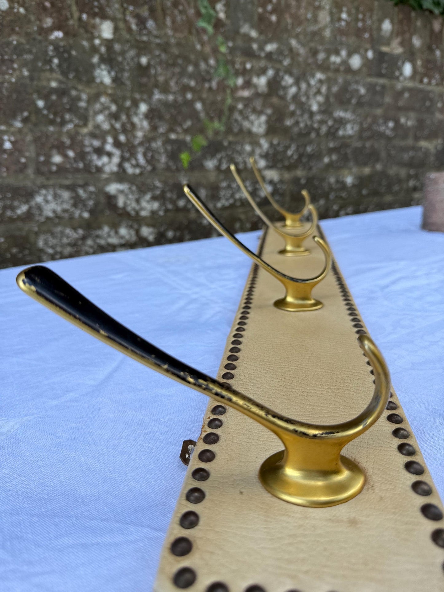 Vintage Mid-Century Wall-Mounted Coat Hooks – Brass and Vinyl Panel with Stud Detailing – Retro Hallway Storage, retro hooks, refurb project