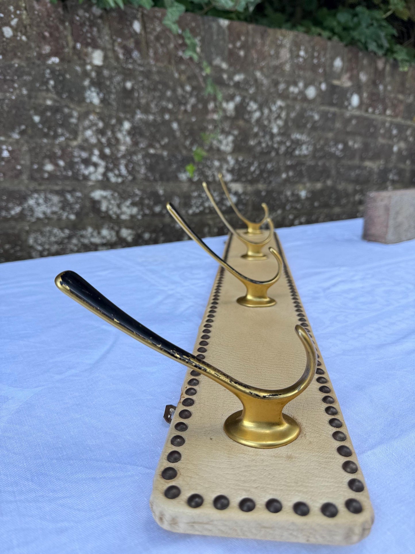 Vintage Mid-Century Wall-Mounted Coat Hooks – Brass and Vinyl Panel with Stud Detailing – Retro Hallway Storage, retro hooks, refurb project