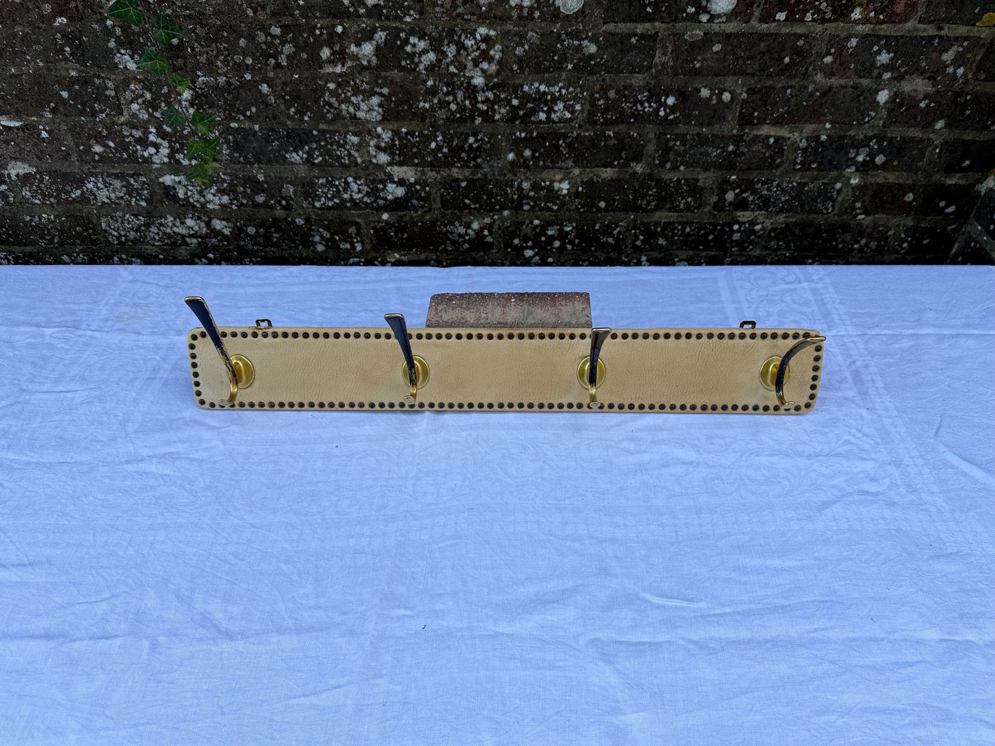 Vintage Mid-Century Wall-Mounted Coat Hooks – Brass and Vinyl Panel with Stud Detailing – Retro Hallway Storage, retro hooks, refurb project