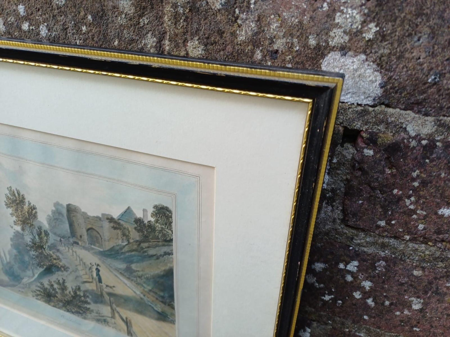 Antique Hand Coloured Print Winchelsea Sussex c1820s Georgian Town Gate Landscape Framed Historic Wall Art, W Daniell engraving, Cinque Port