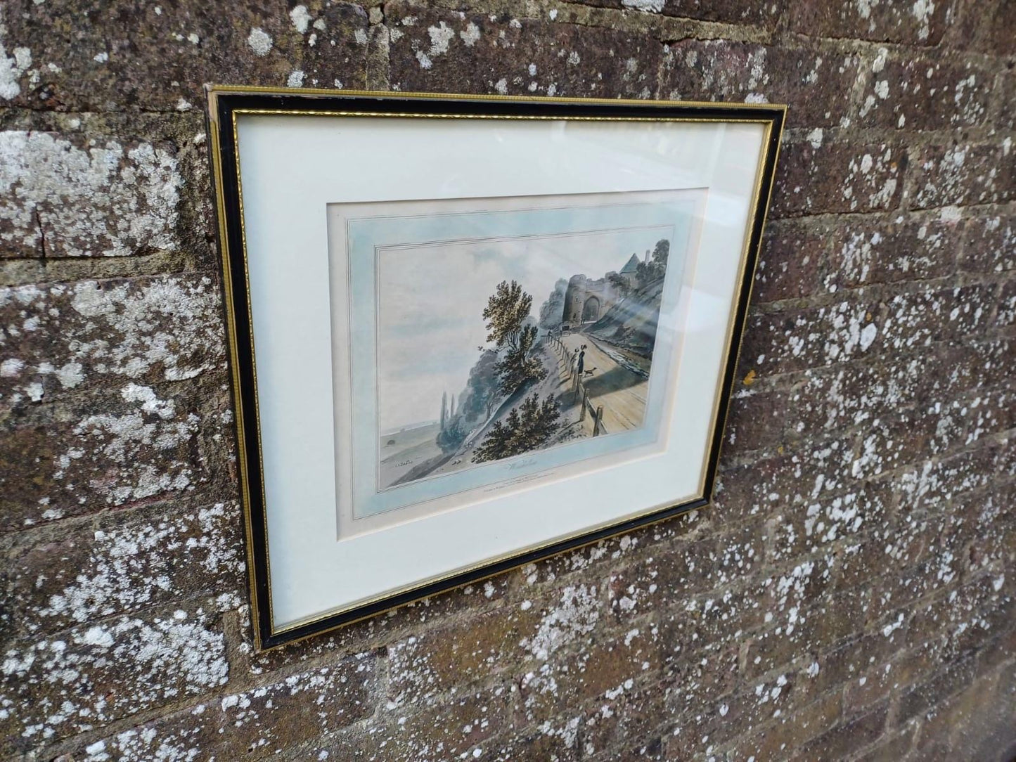 Antique Hand Coloured Print Winchelsea Sussex c1820s Georgian Town Gate Landscape Framed Historic Wall Art, W Daniell engraving, Cinque Port