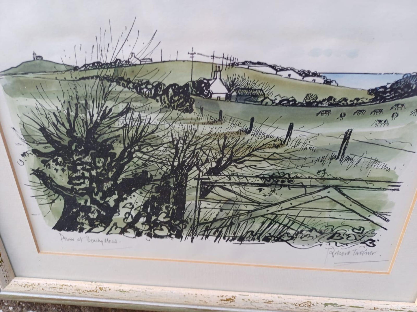 Vintage Signed Lithograph of Beachy Head, South Downs, Sussex by Robert Taverner (1920-2004), Coastal Landscape Framed English Seaside Art