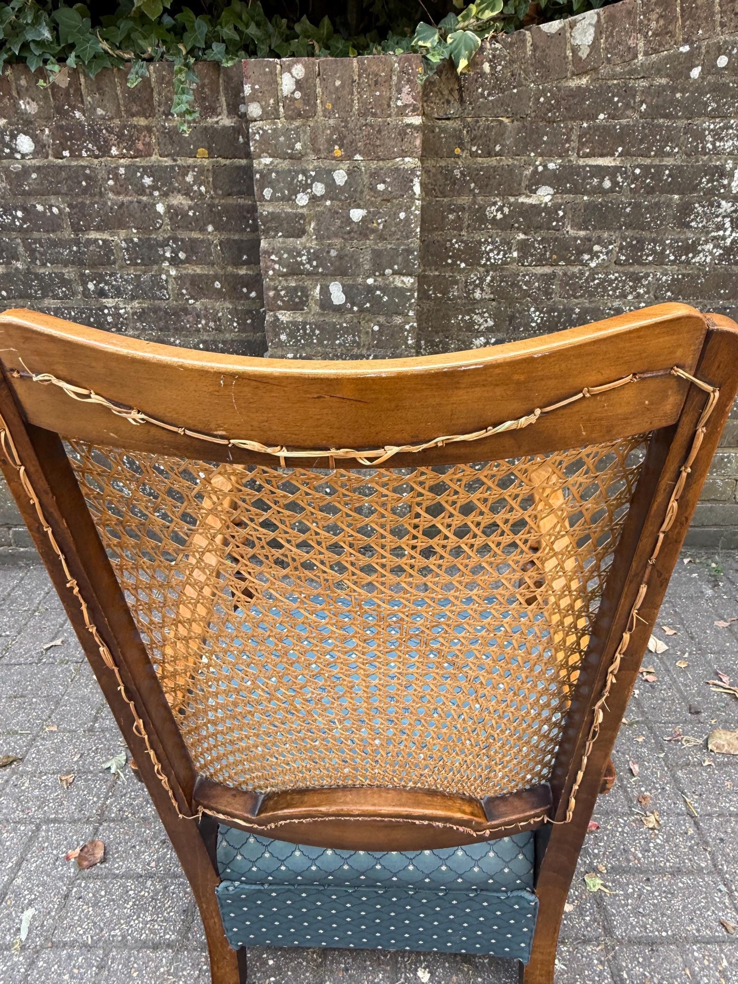 Vintage Early 1900s Cane Back Armchair with Turned Wood Arms & (more recent) Blue Upholstery – Mid-Century Revival, gorgeous oak armchair