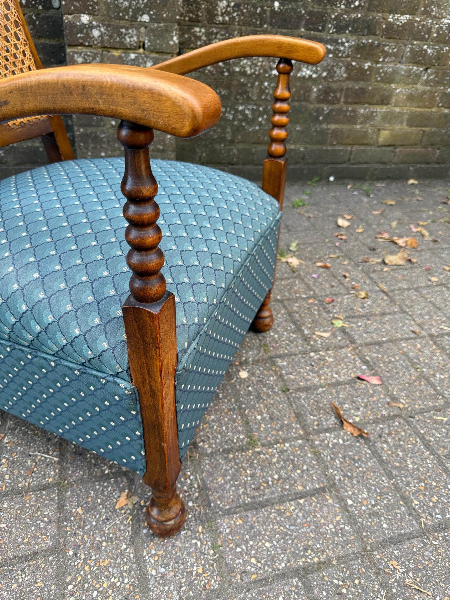 Vintage Early 1900s Cane Back Armchair with Turned Wood Arms & (more recent) Blue Upholstery – Mid-Century Revival, gorgeous oak armchair