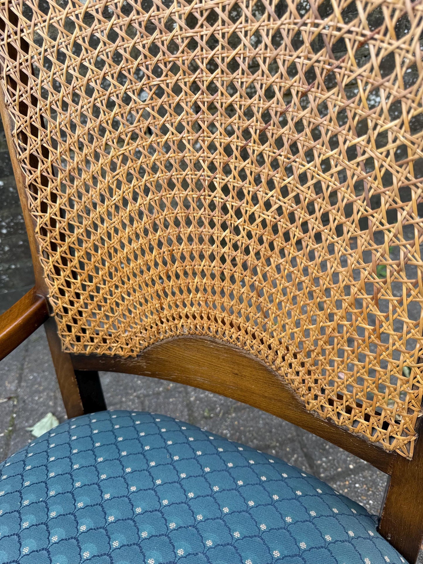 Vintage Early 1900s Cane Back Armchair with Turned Wood Arms & (more recent) Blue Upholstery – Mid-Century Revival, gorgeous oak armchair